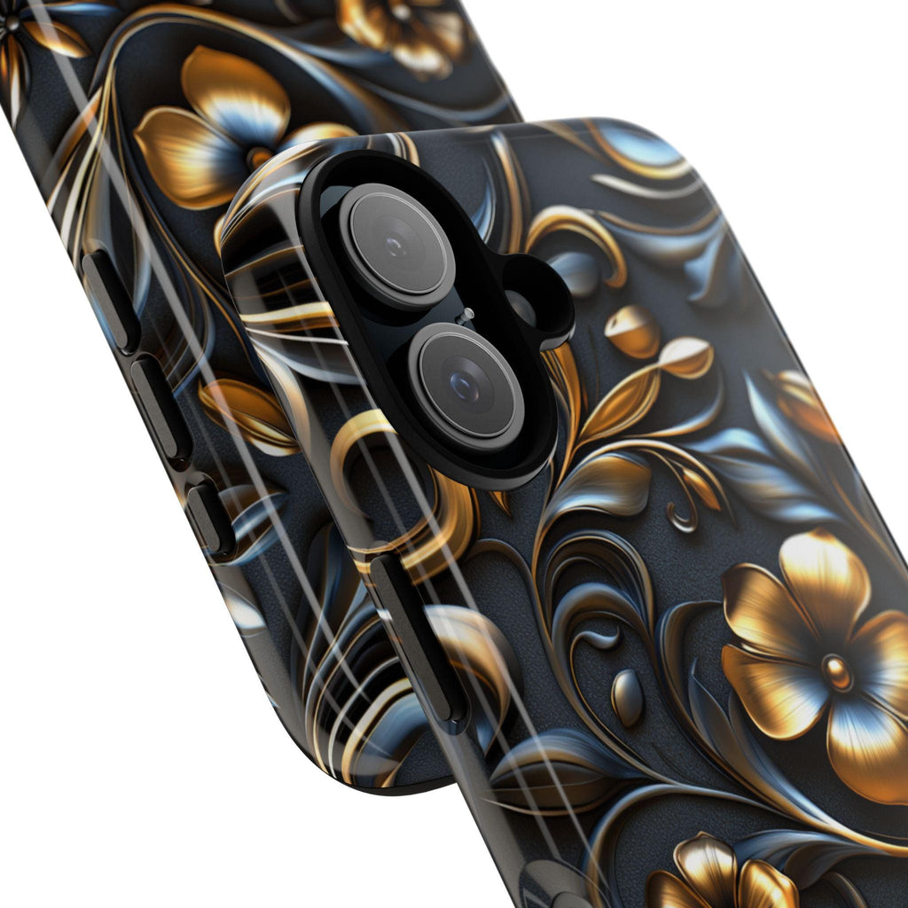 3D Gothic Gold Black Floral Phone Case - Dark Night Flowers Case fit for iPhone 16 Pro Max 15 14 13 12 Plus, Samsung S25 Ultra Plus, 428.1