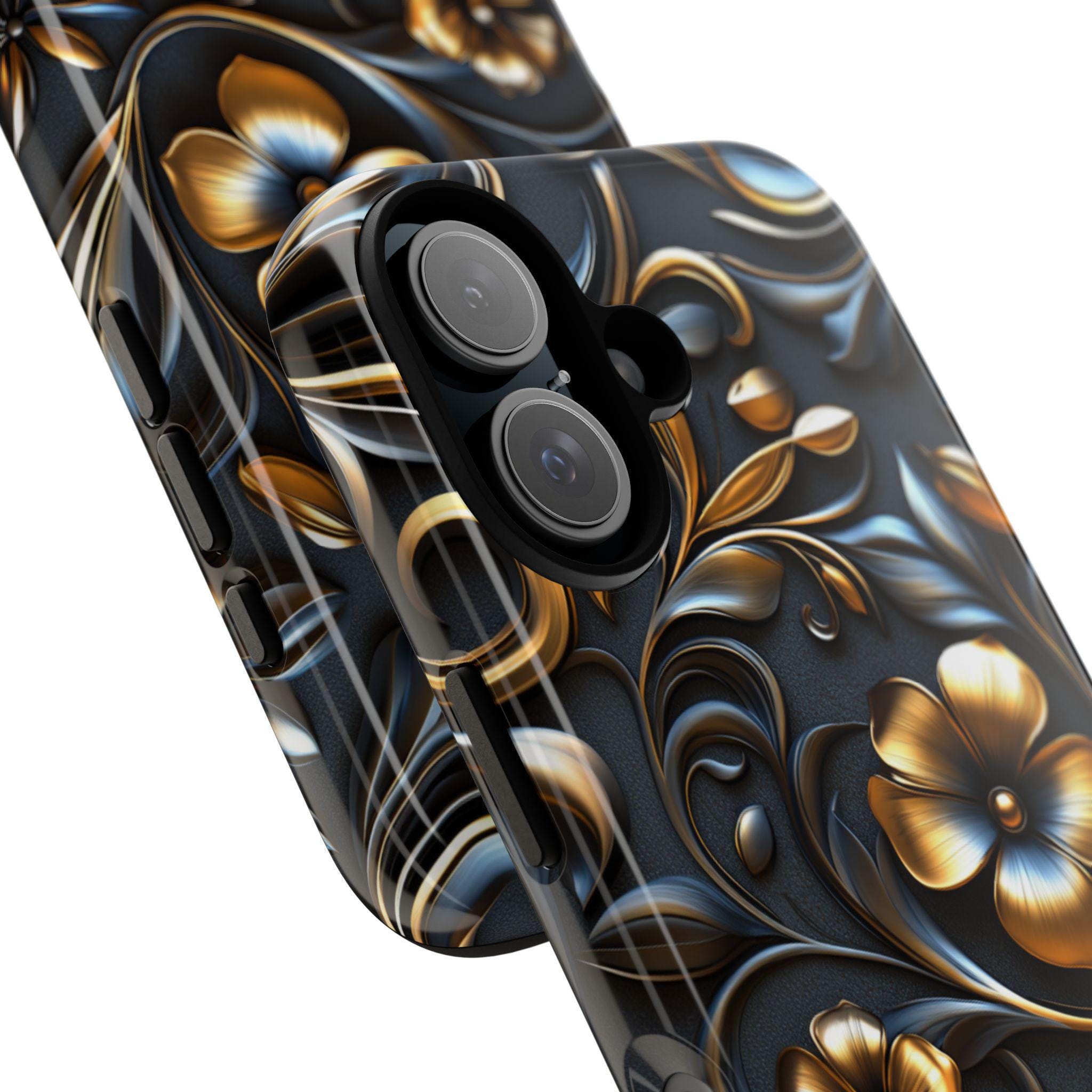 3D Gothic Gold Black Floral Phone Case - Dark Night Flowers Case fit for iPhone 16 Pro Max 15 14 13 12 Plus, Samsung S25 Ultra Plus, 428.1