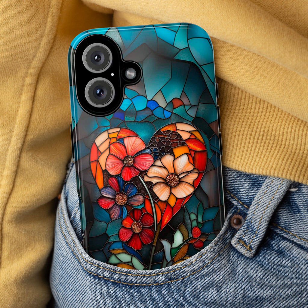 Stained Glass Floral Heart Phone Case, Valentines Day Phone Cover for iPhone 16 15 14 13 Pro Magsafe Samsung Galaxy S24, 418.10