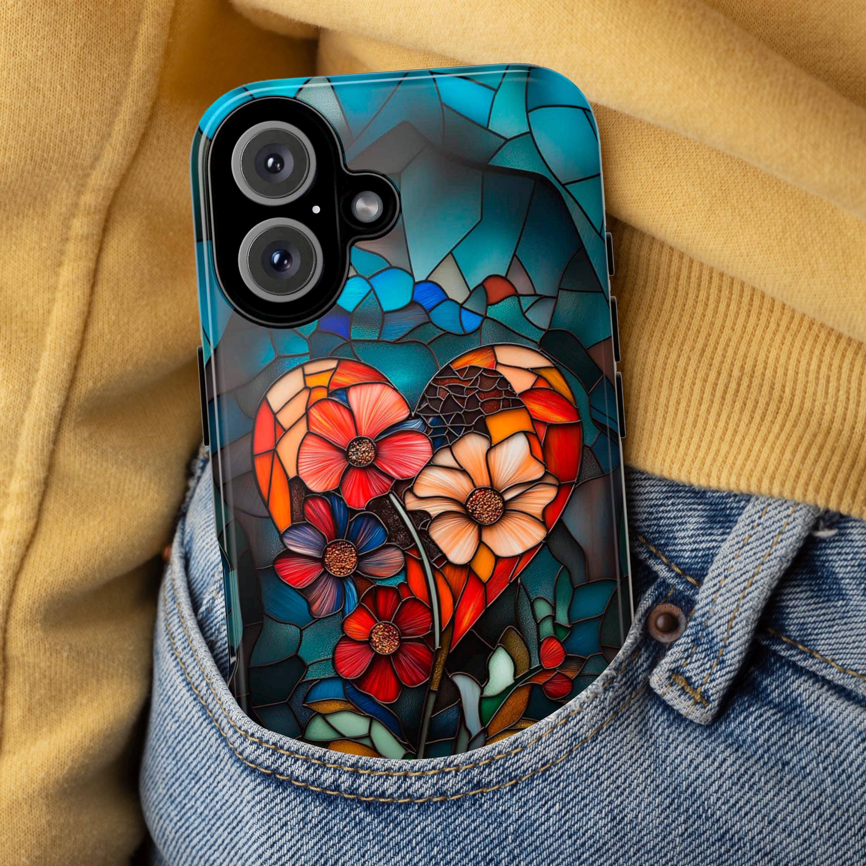 Stained Glass Floral Heart Phone Case, Valentines Day Phone Cover for iPhone 16 15 14 13 Pro Magsafe Samsung Galaxy S24, 418.10