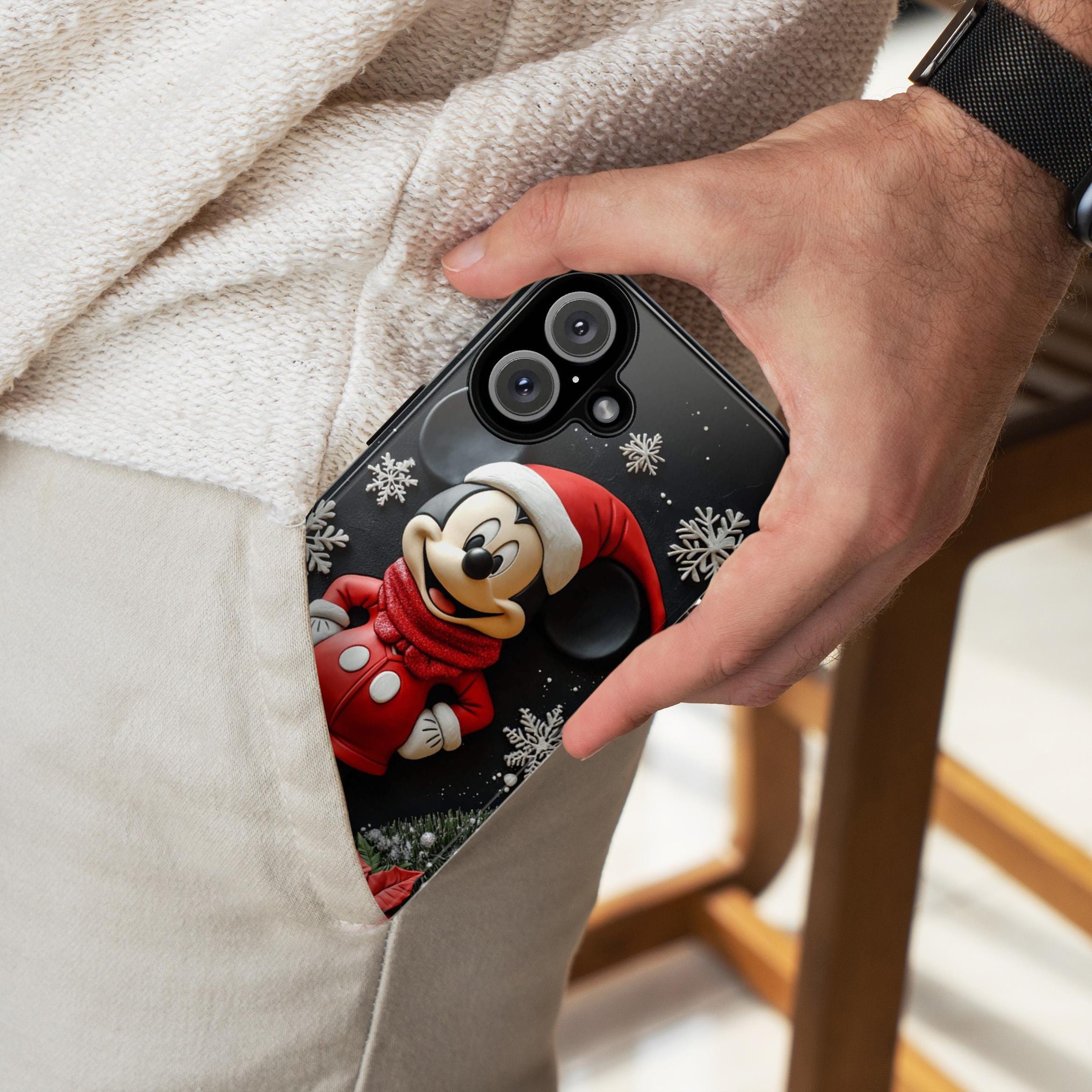 Santa Mickey Mouse 3D effect Phone Case, Cartoon Design, Disney Christmas Poinsettias Case for iPhone 16 15 Magsafe, Samsung S24, 442.23