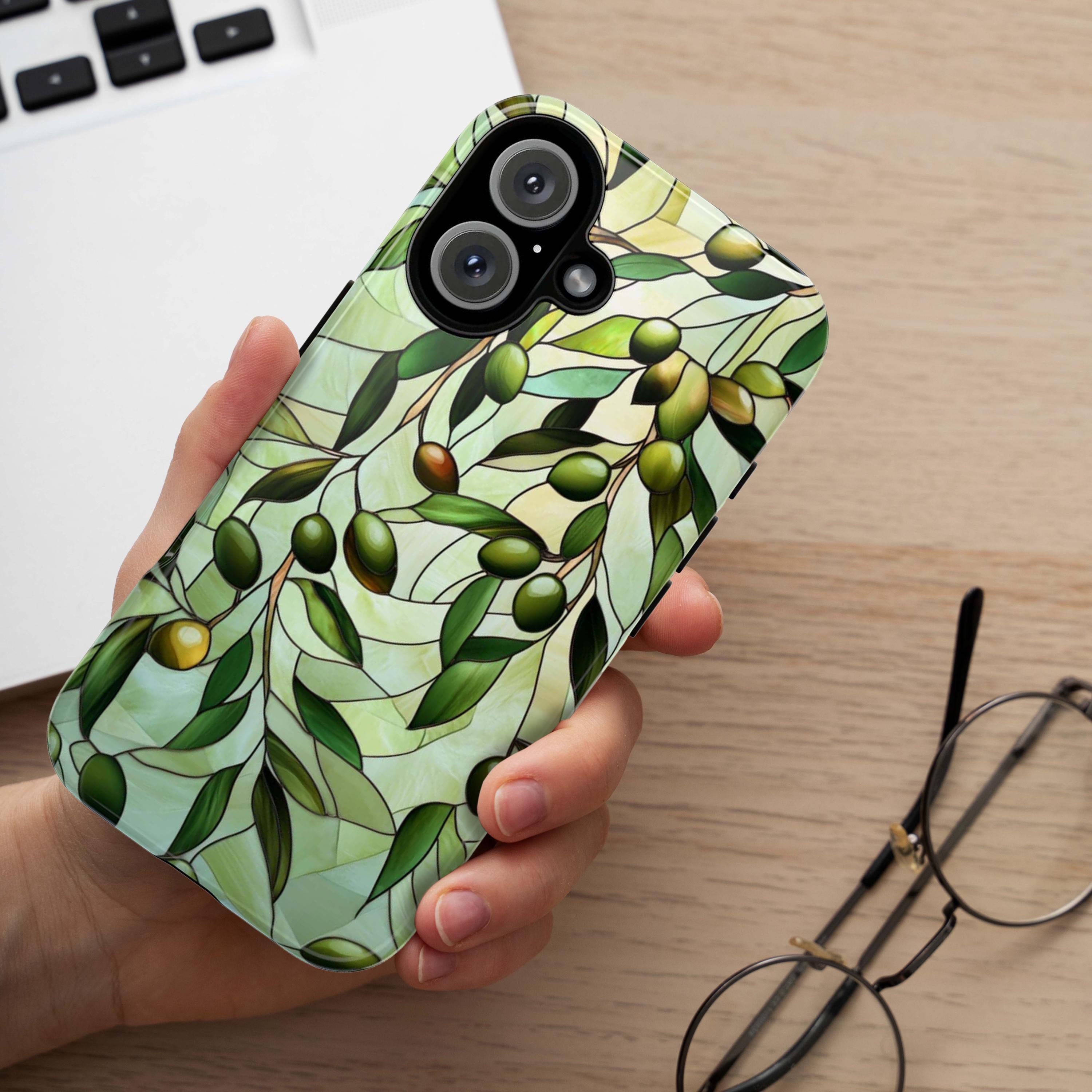 Pastel Olives Stained Glass Phone Case, 3D Green Olive Branch Magsafe for iPhone 16 15 14 13 12 11 Pro Max Plus / Samsung S24 Pixel, 418.7