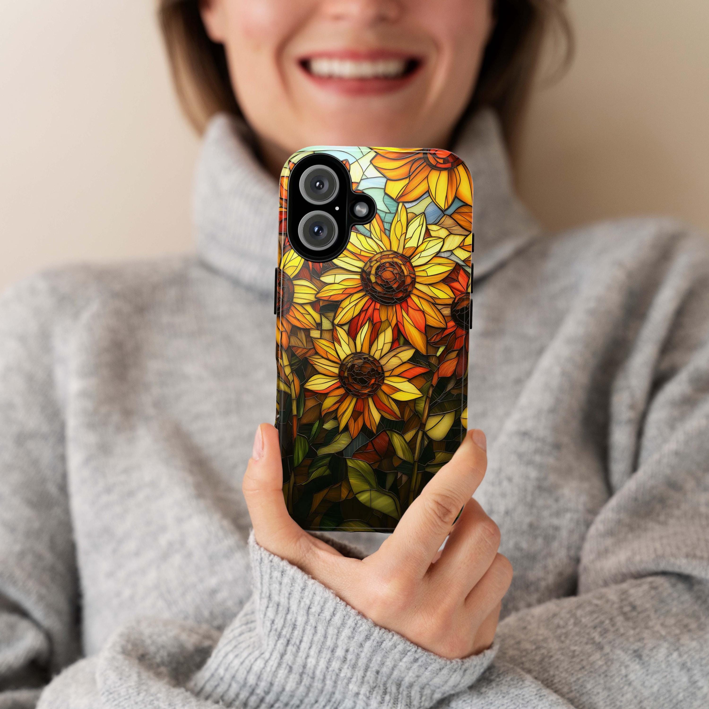 Stained Glass Vibrant Sunflowers Phone Case, Sunflower Field Phone Cover for iPhone 16 15 14 13 Pro Magsafe Samsung Galaxy S24, 418.18