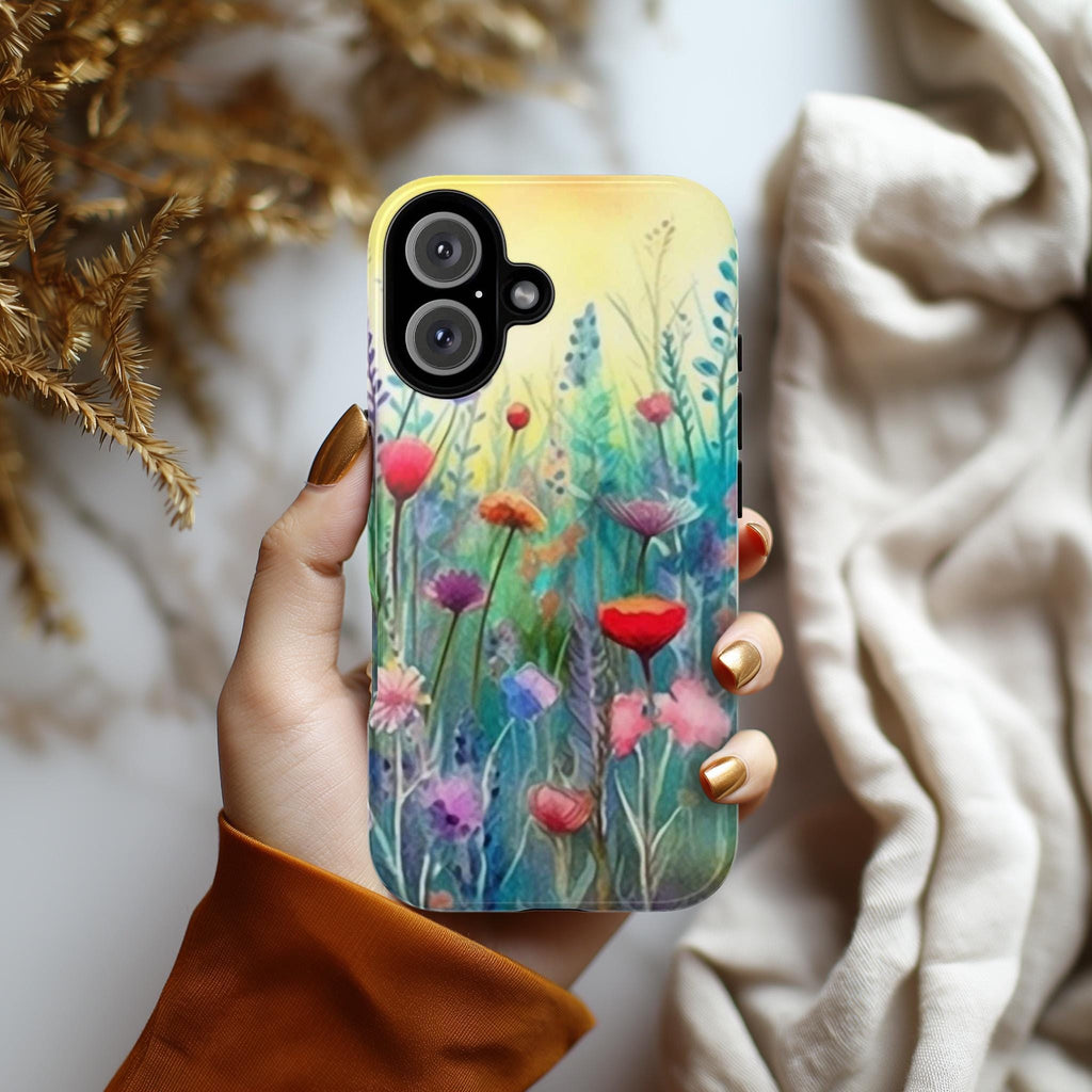 Meadow Floral iPhone Case with Rainbow Ombre Paint Vibes Cover for iPhone 16 15 14 13 Tough or Magsafe, Samsung, Flowers Lovers Gift, 90.3