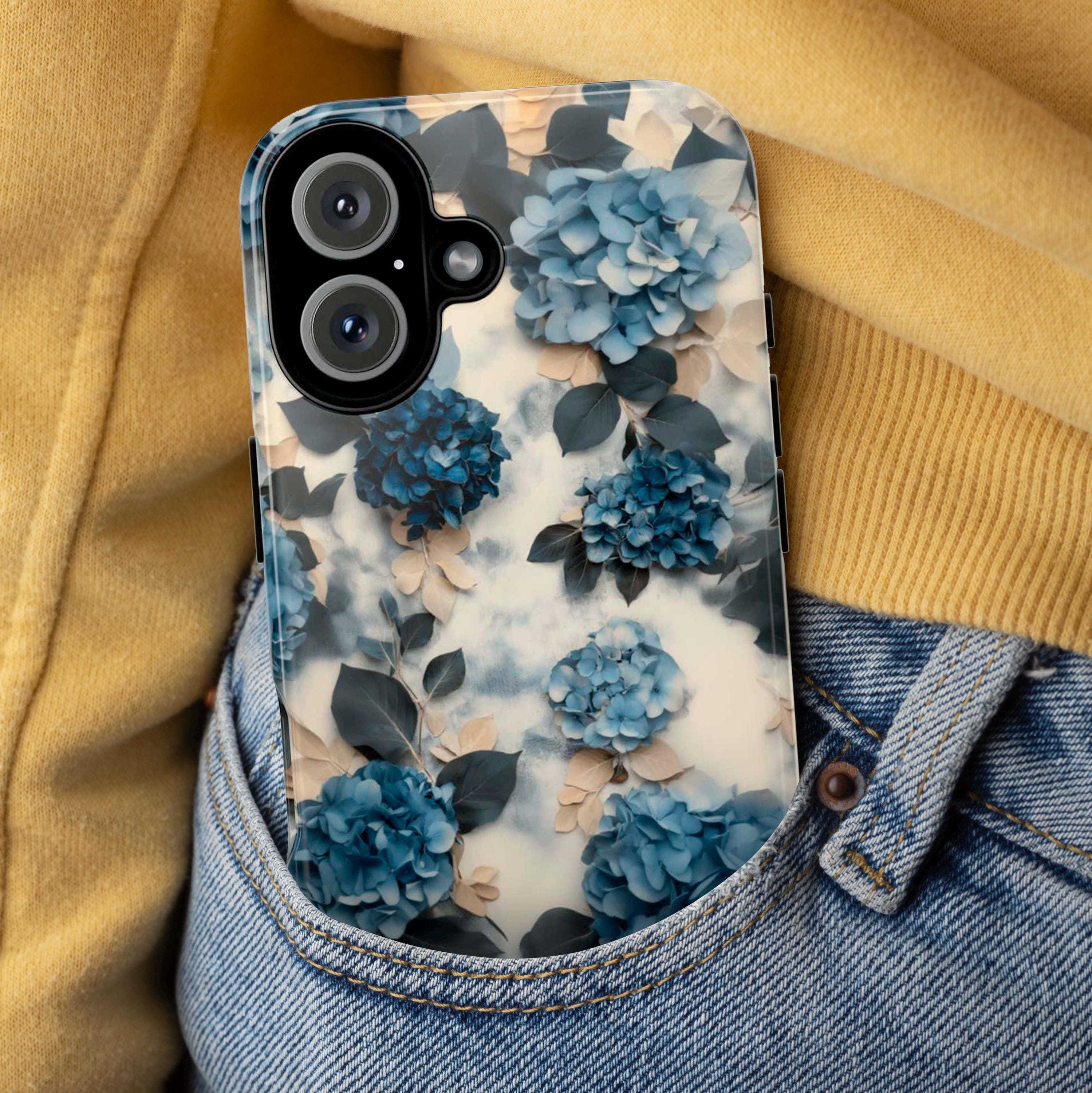 Blue Hydrangea Floral Phone Case Personalized Phone Cover fit for iPhone 16 Magsafe 15 14 13 12 Pro Max Plus, Samsung S25 Ultra, 428.2