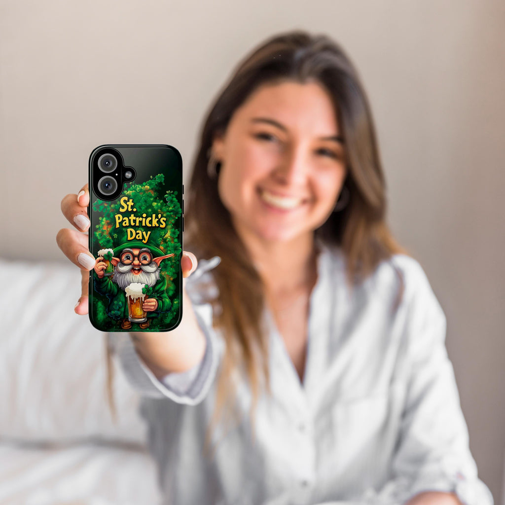 St. Patrick's Day Phone Case with Cute Gnome and Shamrocks, Lucky Irish Inspired Cover for iPhone 16, 15, Samsung Galaxy S24, 457.2