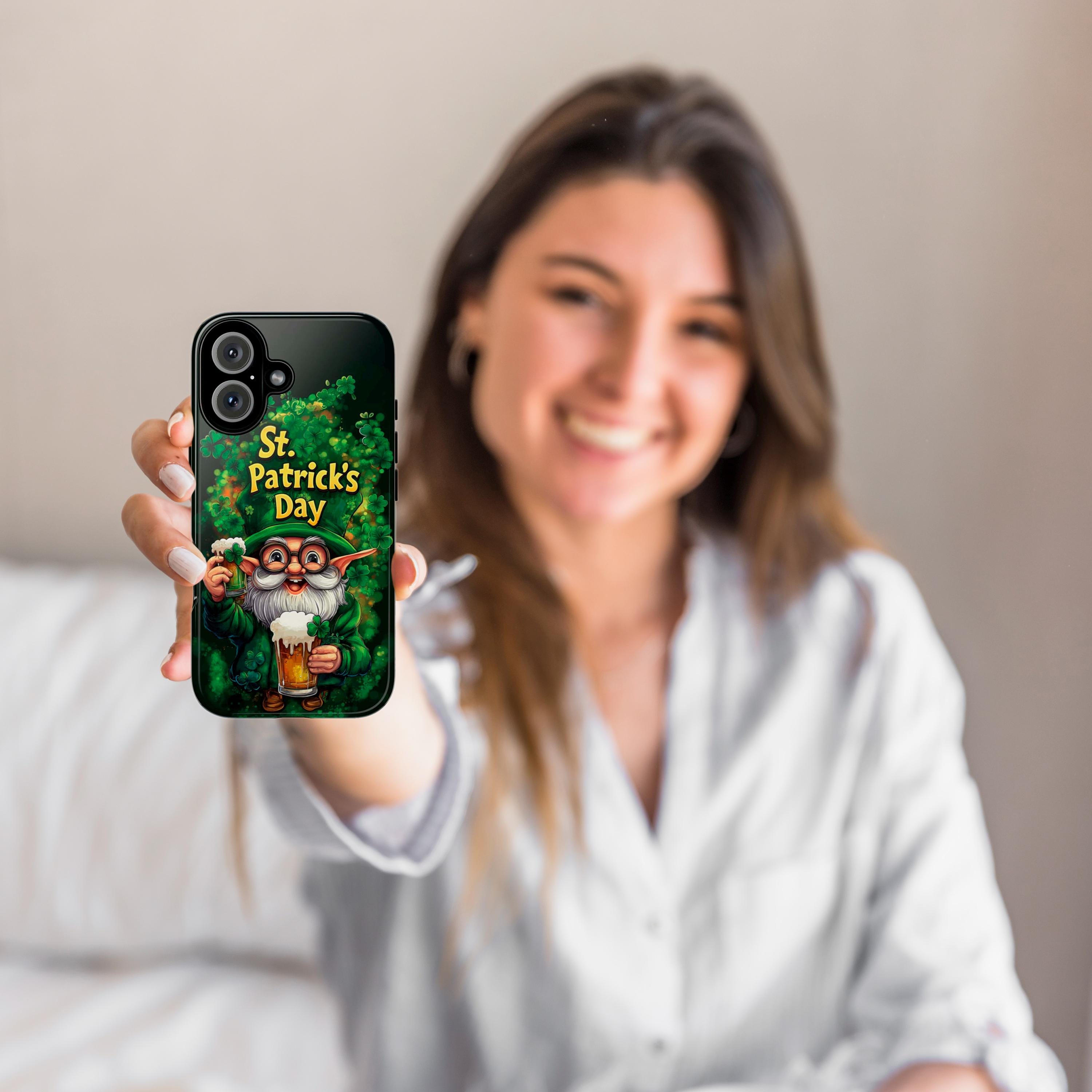 St. Patrick's Day Phone Case with Cute Gnome and Shamrocks, Lucky Irish Inspired Cover for iPhone 16, 15, Samsung Galaxy S24, 457.2