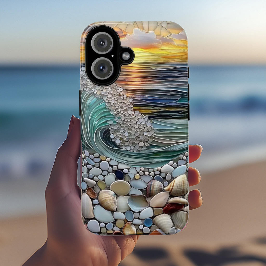 Summer Ocean Sunset Phone Case,  Stained Glass Effect Shell Design, Beach Vibes Coastal Art Cover for iPhone Touhg or Magsafe, 455.16