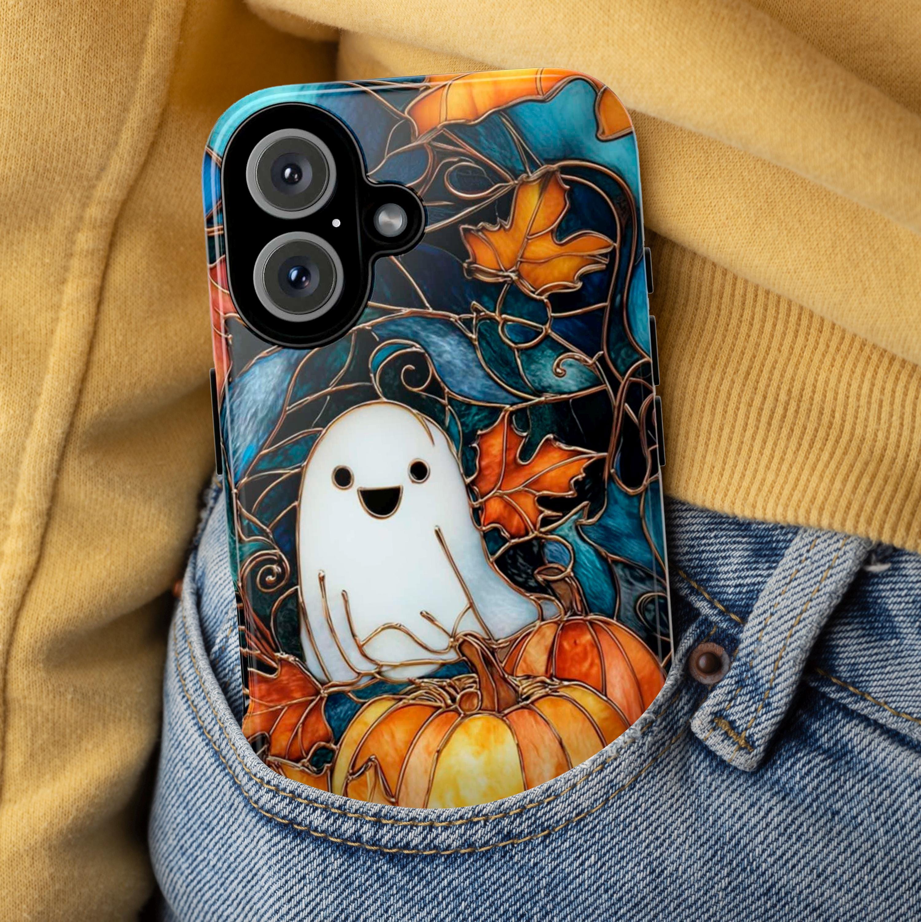 Cute Ghost Halloween Phone Case with Pumpkins | Autumn Leaves Stained Glass Style Cover for iPhone 17 16 Tough or Magsafe, Samsung, 475.26