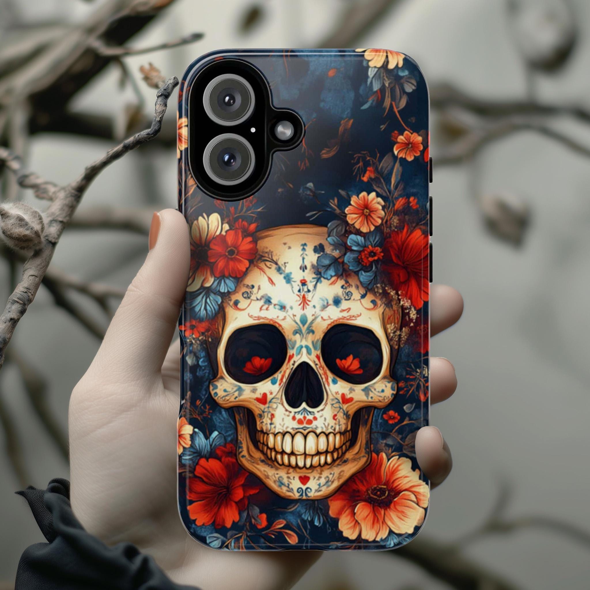 Ethnic Skull and Floral Phone Case, Colorful Gothic Design, Colorful Gothic Phone Case for iPhone Tough or Magsafe, Samsung Galaxy, 465.6