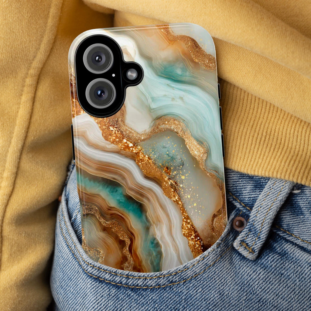 3D Marble Agate Phone Case, Luxury Gold & Mint Stone Cover, Stylish Gemstone Design for iPhone 17 16 15 Tough or Magsafe, Samsung, 479.10