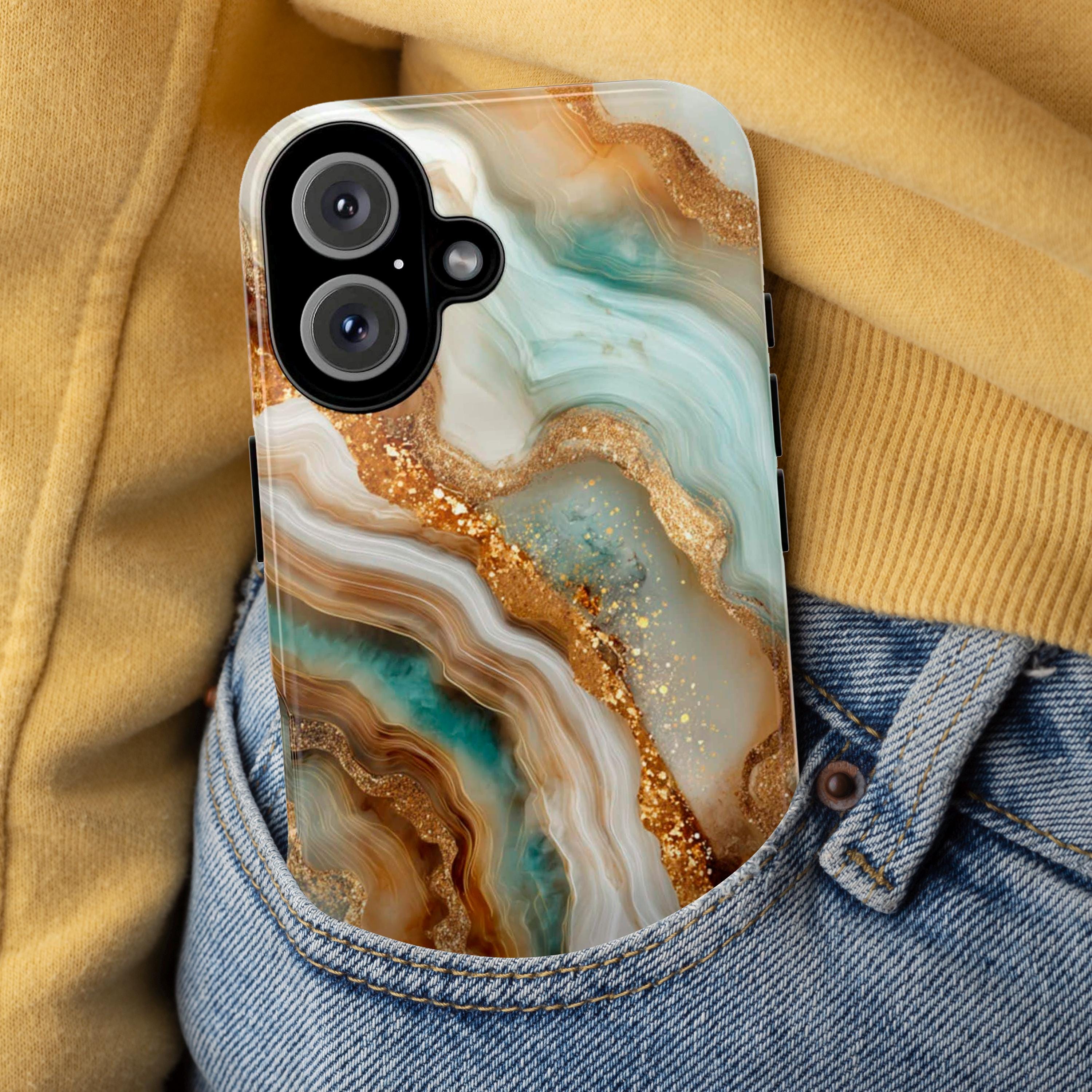 3D Marble Agate Phone Case, Luxury Gold & Mint Stone Cover, Stylish Gemstone Design for iPhone 17 16 15 Tough or Magsafe, Samsung, 479.10