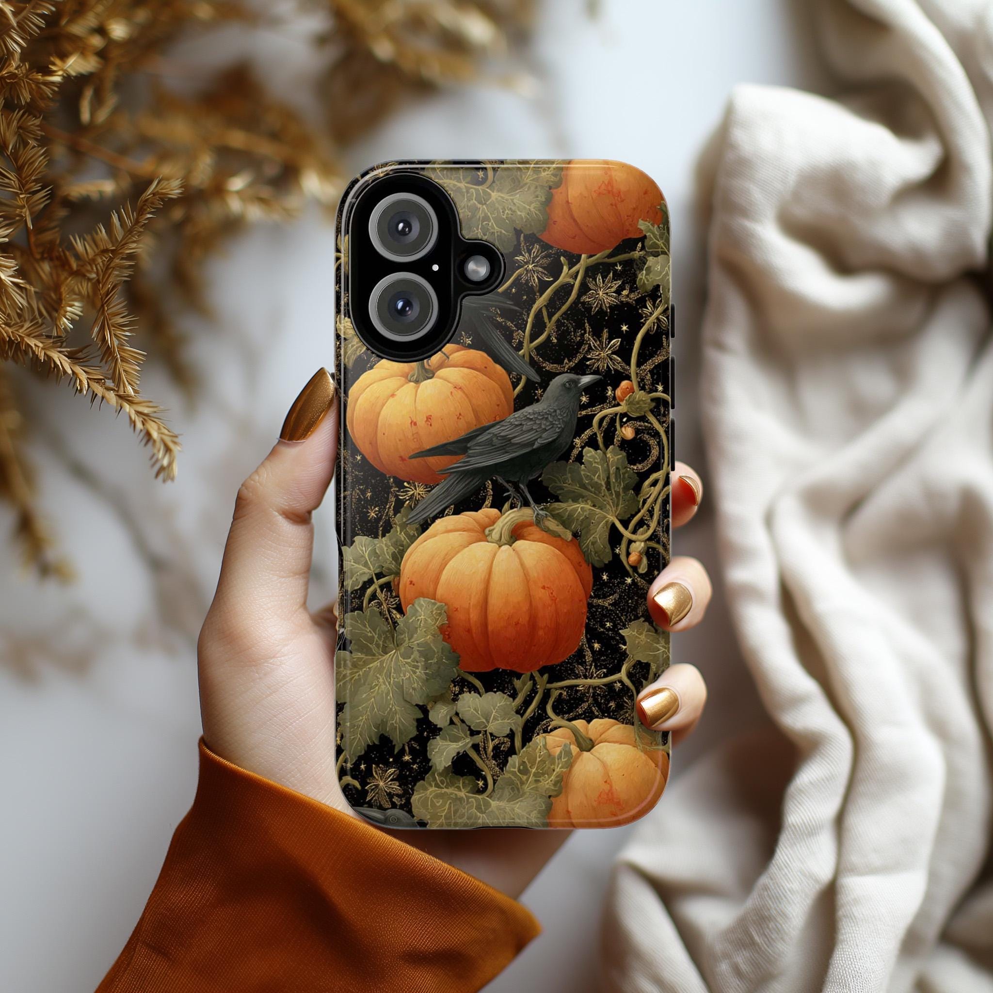 Halloween Phone Case, Pumpkins & Crows with Vine Tendrils Cover, Gothic Fall Vibes for iPhone 16 15 14 Tough or Magsafe, Samsung, 475.10