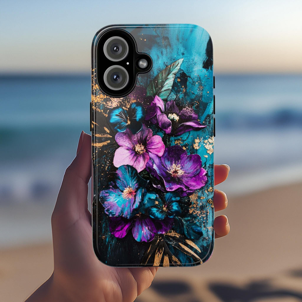 Purple Floral Art Phone Case, Glitter Blossom Painted Design, Teal Floral Case iPhone 16 15 14 13 Pro Max Plus Magsafe, Samsung S24, 436.1