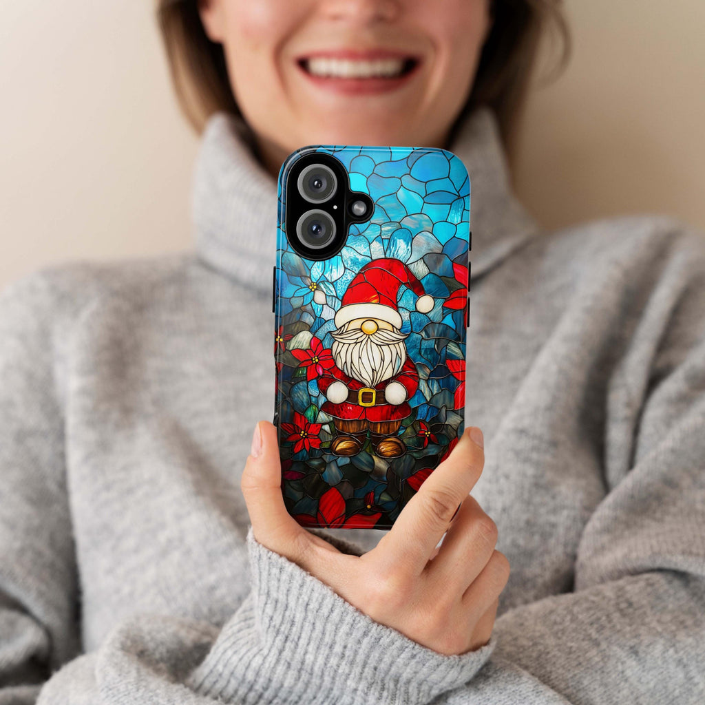 Holiday Santa & Poinsettia Stained Glass Winter Phone Case, Xmas Gnome and Floral Design MagSafe for iPhone 16 15 14 13, Samsung S24, 427.7