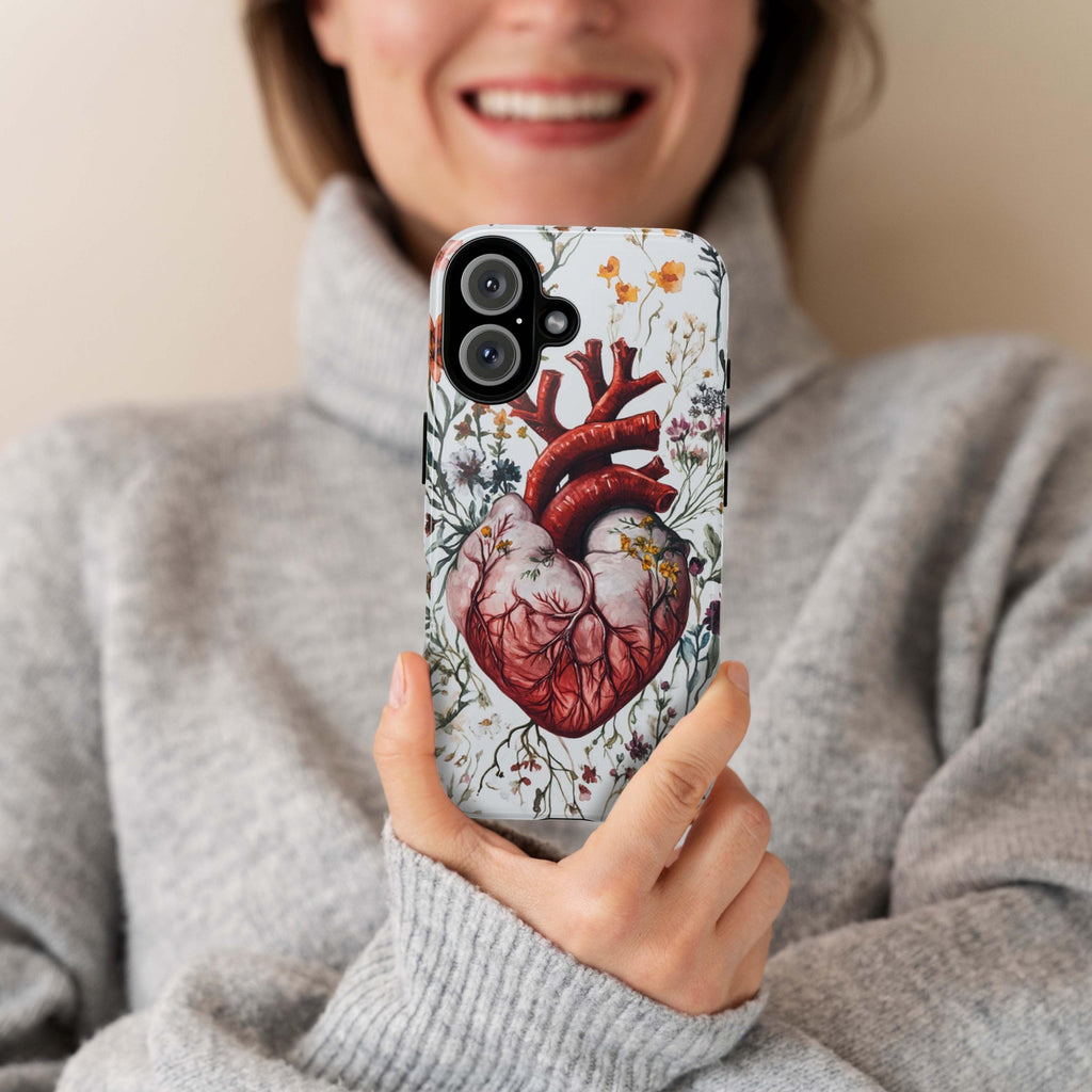 Floral Anatomy Heart Phone Case, Anatomical Art Design, Floral Human Heart Phone Cover for iPhone 16 15 Pro Max Plus, Samsung S24, 435.11