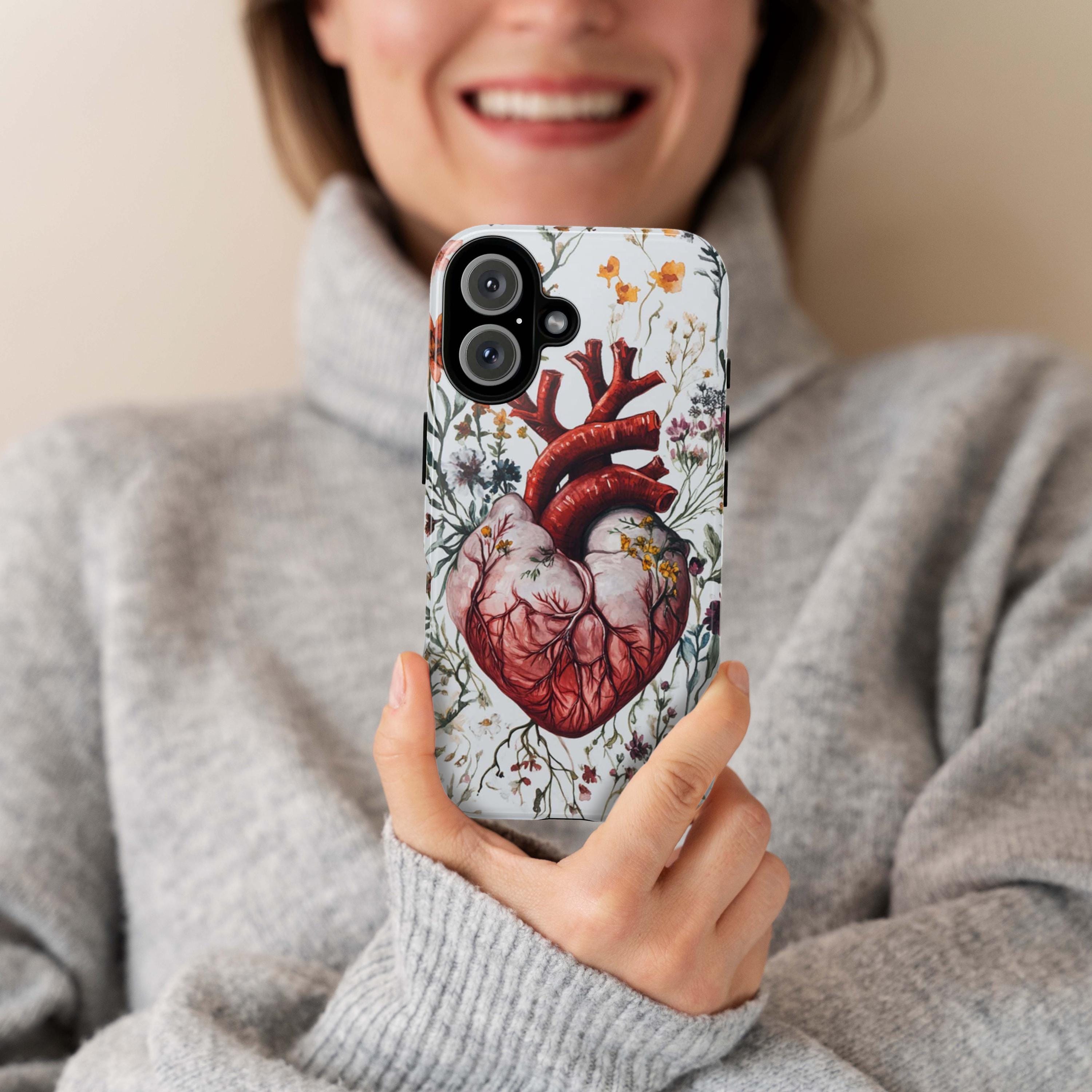 Floral Anatomy Heart Phone Case, Anatomical Art Design, Floral Human Heart Phone Cover for iPhone 16 15 Pro Max Plus, Samsung S24, 435.11