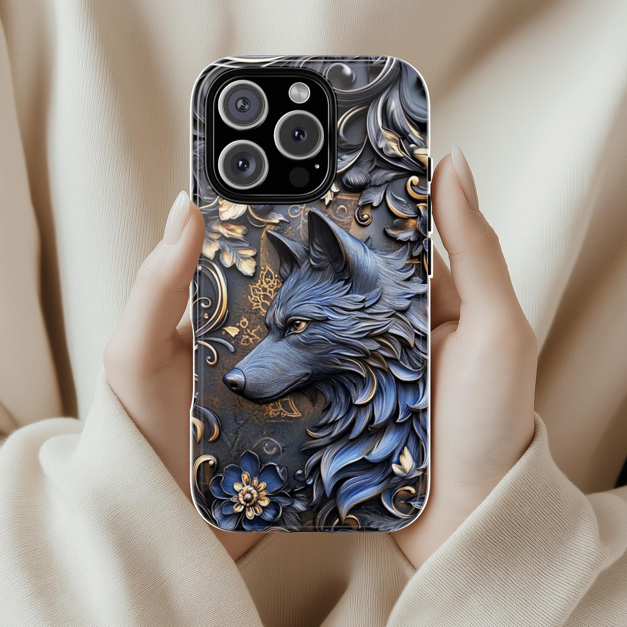 3D Dark Gothic Fantasy Wolf Phone Case, Gothic Floral Phone Cover for iPhone 16 15 14 13 Pro Magsafe Samsung Galaxy S24, 465.2