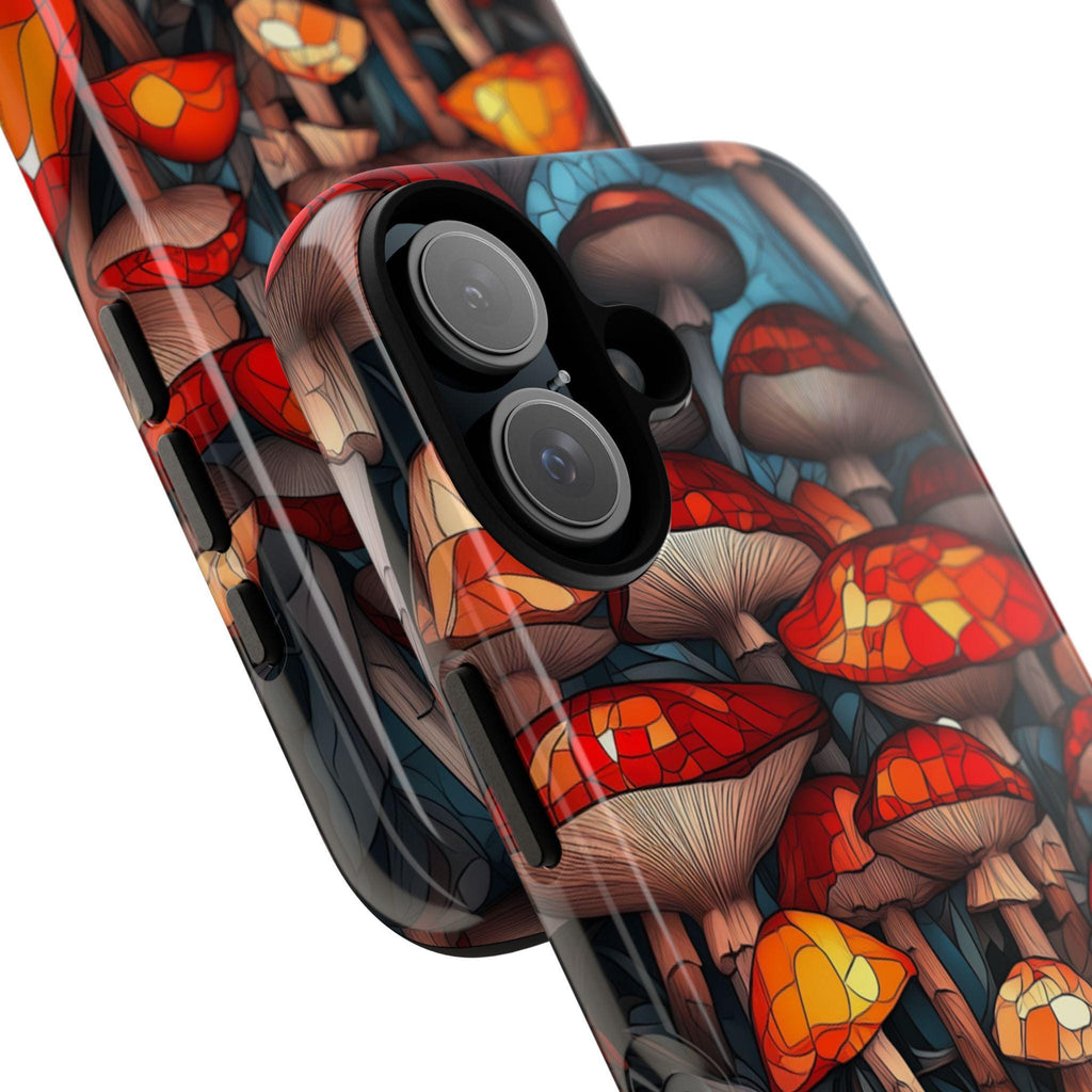 Stained Glass Autumn Mushrooms in the Forest Phone Case, Fall Vibrant Colorful Mosaic Art Cover for iPhone 16 15 14, Samsung Galaxy, Pixel