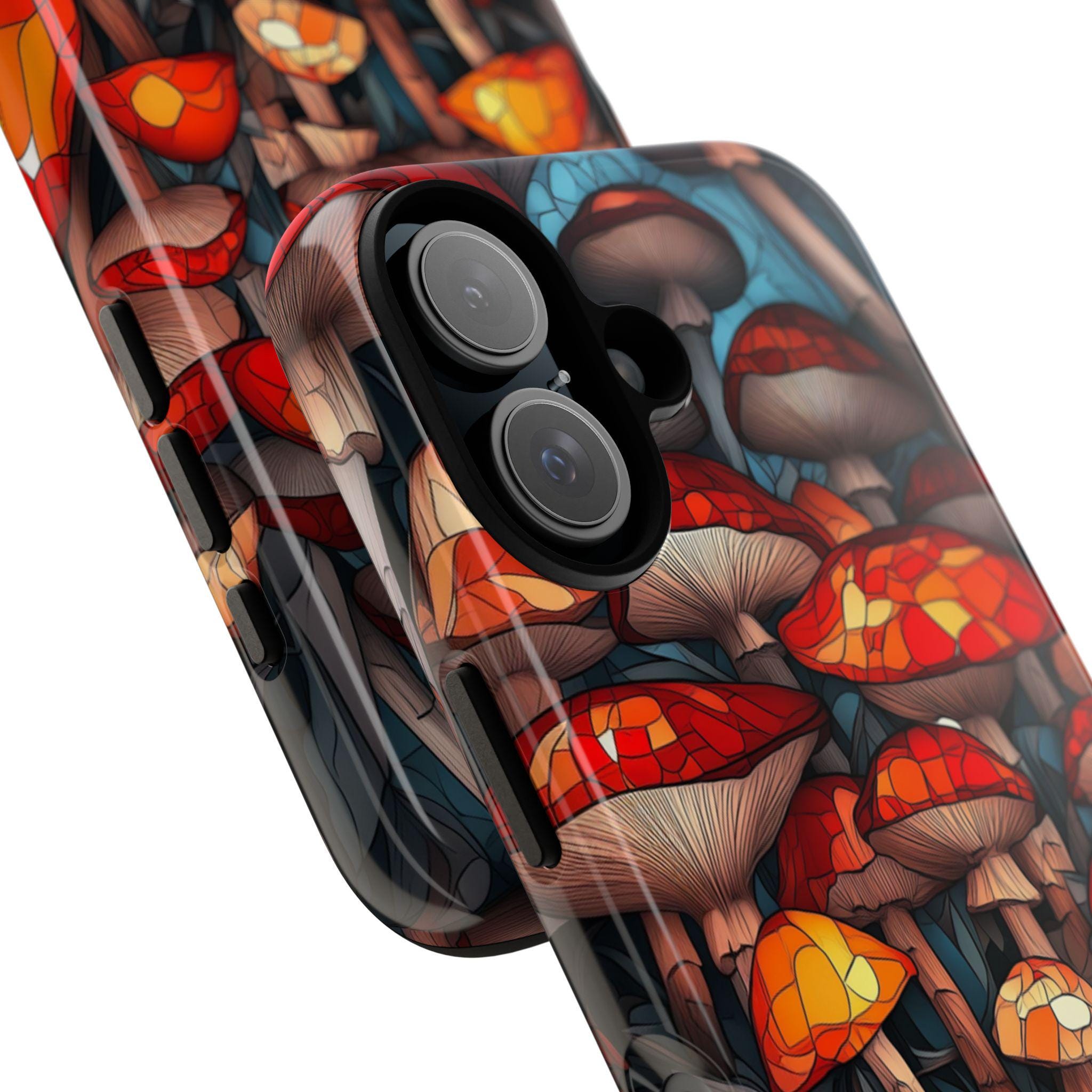 Stained Glass Autumn Mushrooms in the Forest Phone Case, Fall Vibrant Colorful Mosaic Art Cover for iPhone 16 15 14, Samsung Galaxy, Pixel