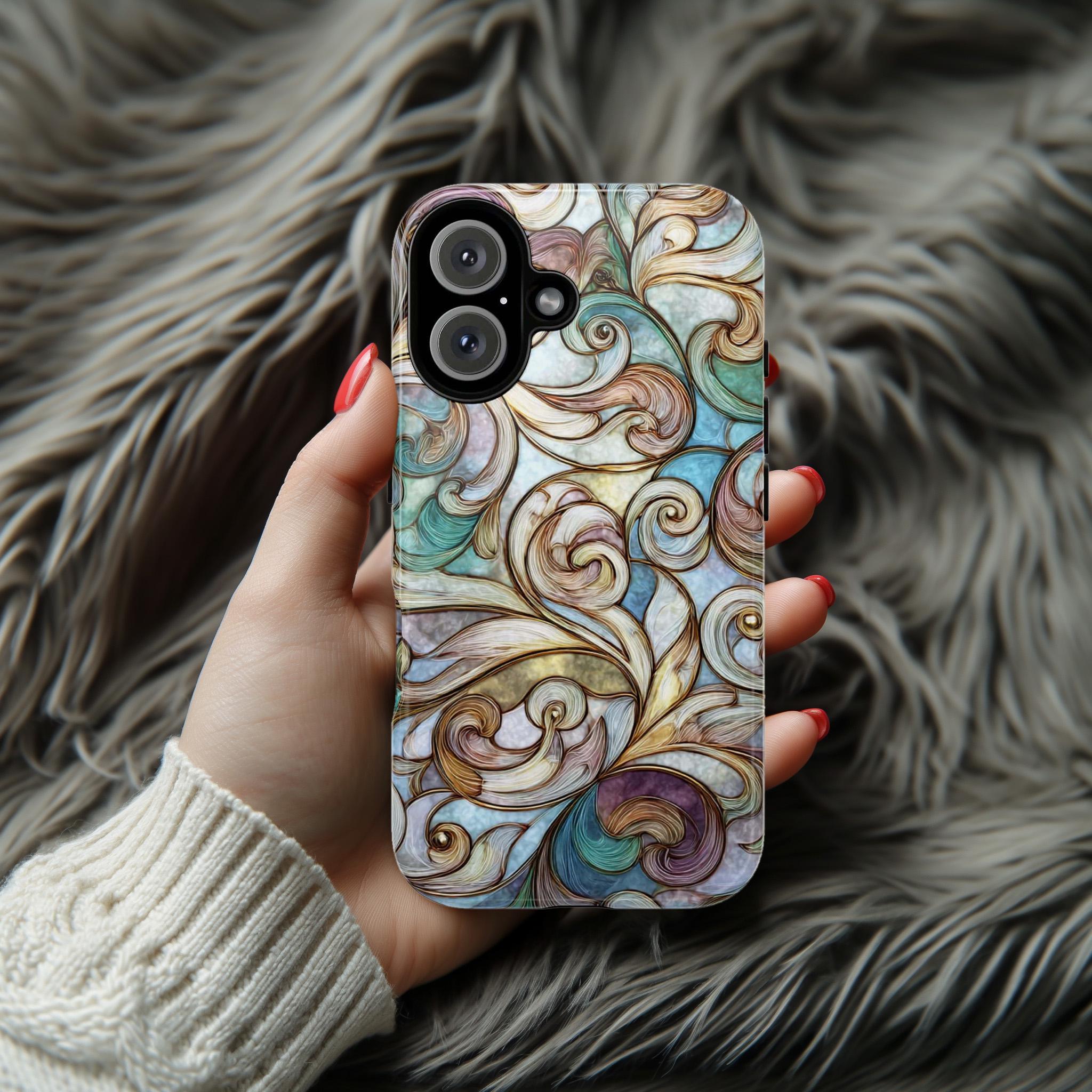 Pastel Abstract Phone Case with Elegant Pattern, Stained Glass Style, Artistic Phone Cover for iPhone MagSafe and Tough Case, Samsung, 478.9
