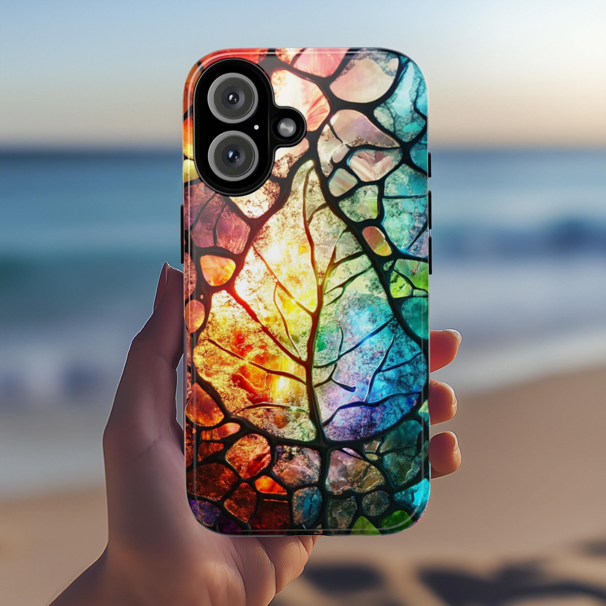Stained Glass Rainbow Leaf Phone Case, Artistic Colorful Leaf Cover for iPhone iPhone 16, 15, 14, 13 Magsafe & Samsung, Pixel, 418.22