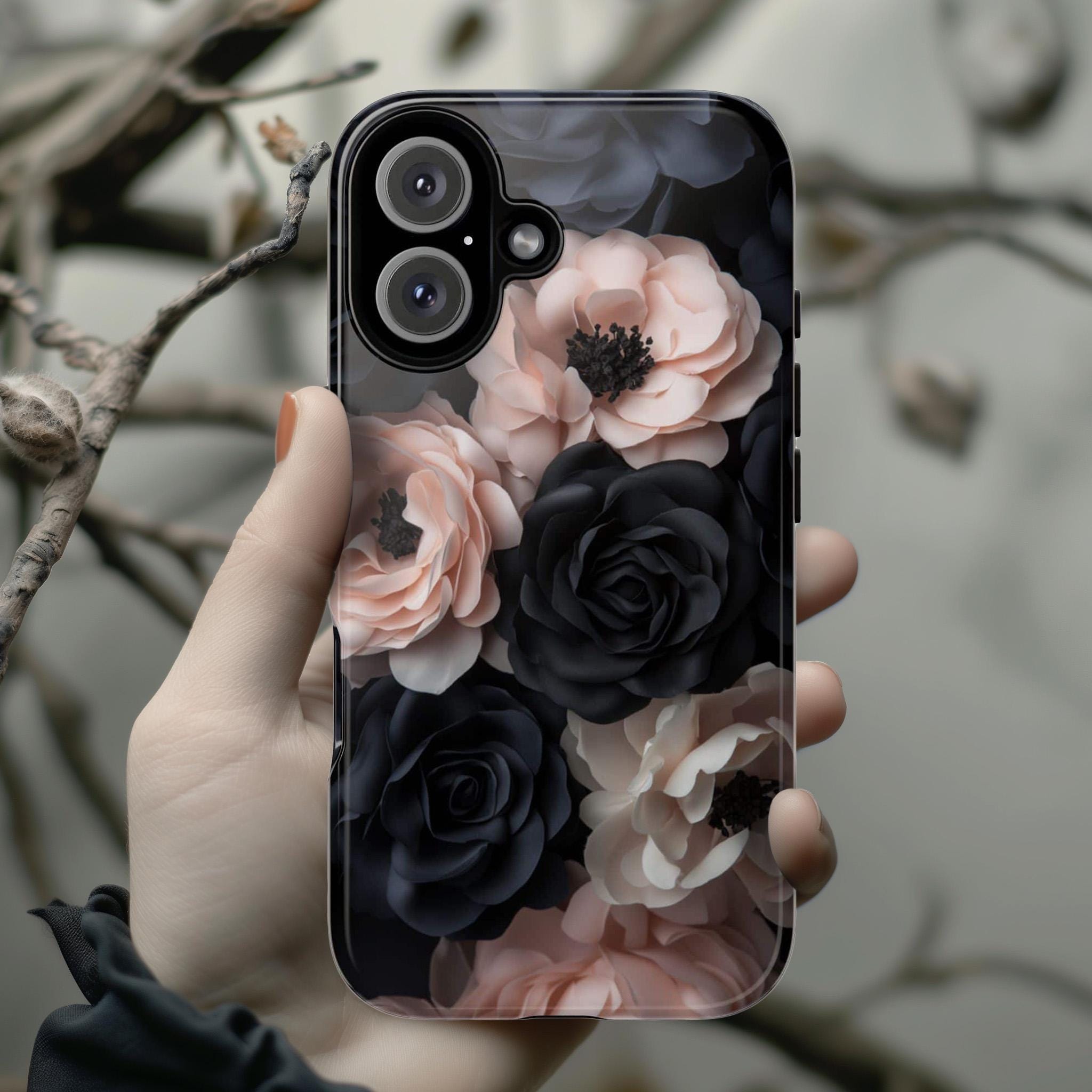 Elegant Pink and Black Roses Phone Case | Dark Gothic Floral Case, Romantic Vintage Cover for iPhone 16 15 Tough or Magsafe, Samsung, 428.20