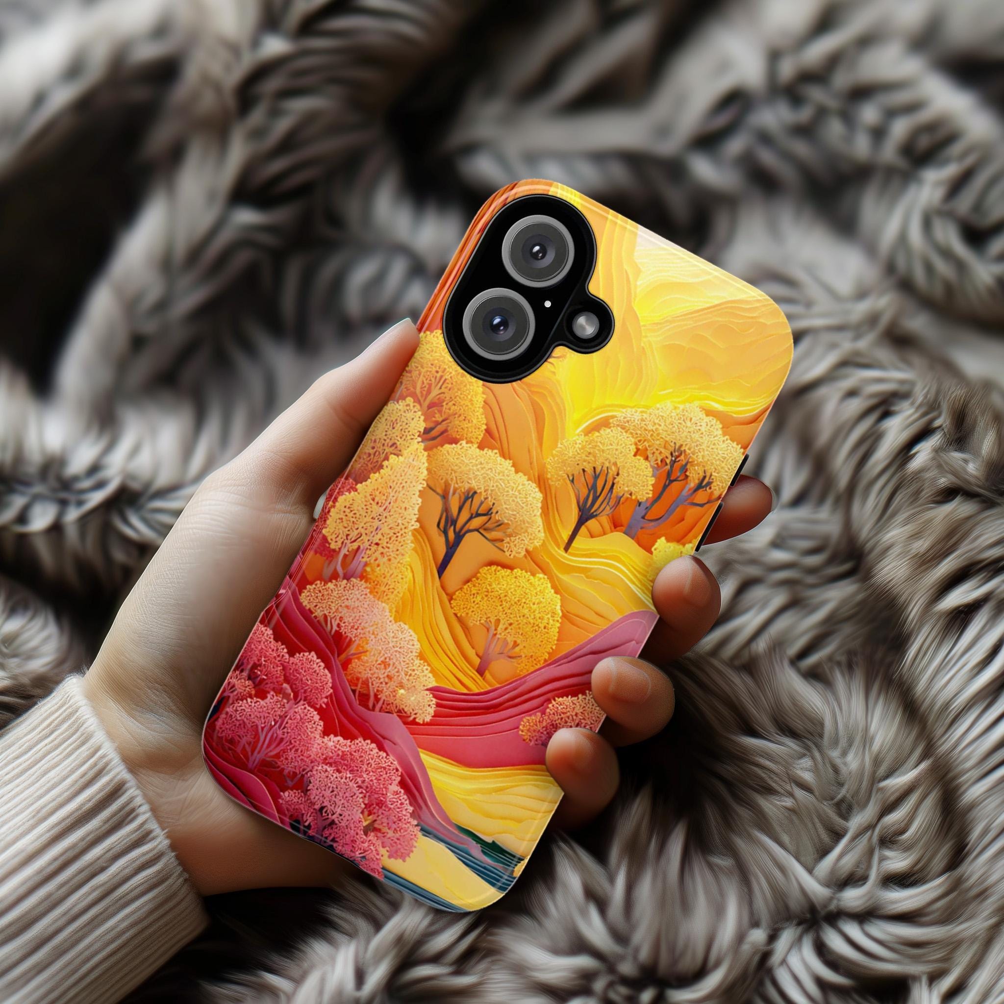 3D Paper Art Phone Case, Autumn Forest & Mountain Cover, Yellow Orange Fall for iPhone 16 15 14 13 Tough or Magsafe, Samsung, 470.15