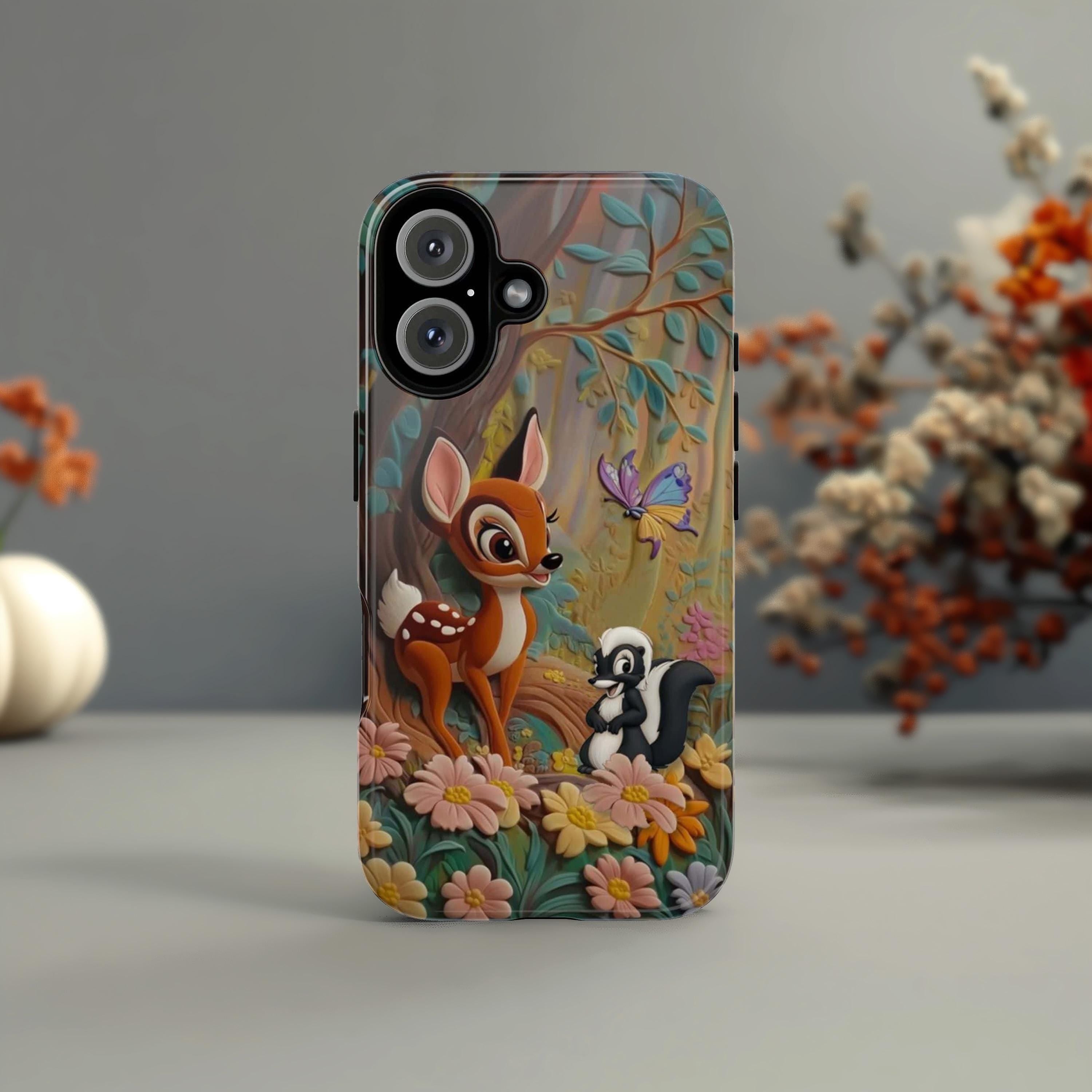 Bambi and Skunk Phone Case, Disney Floral Forest Design, Cute Cartoon Bambi Friends for iPhone 16, 15, 14 Tough or Magsafe & Samsung, 442.50