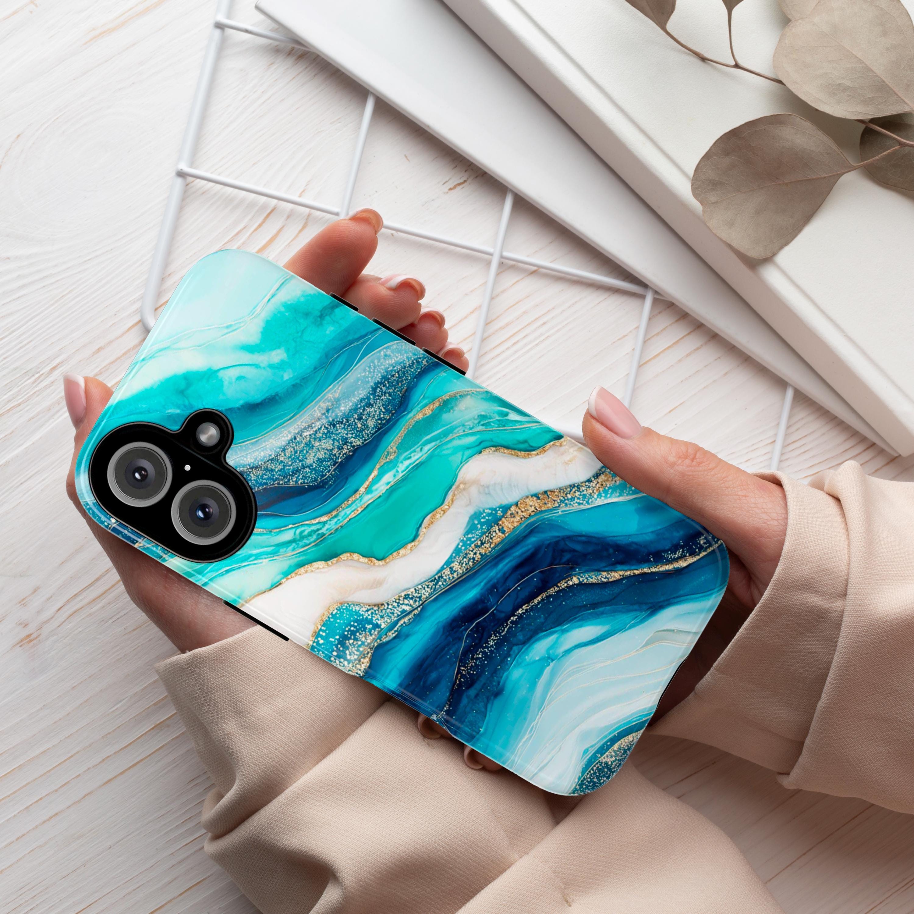 Turquoise White Agate Phone Case with Cracked Stone Texture | Elegant Gemstone Cover for iPhone 16 15 Tough or Magsafe, Samsung, 479.4
