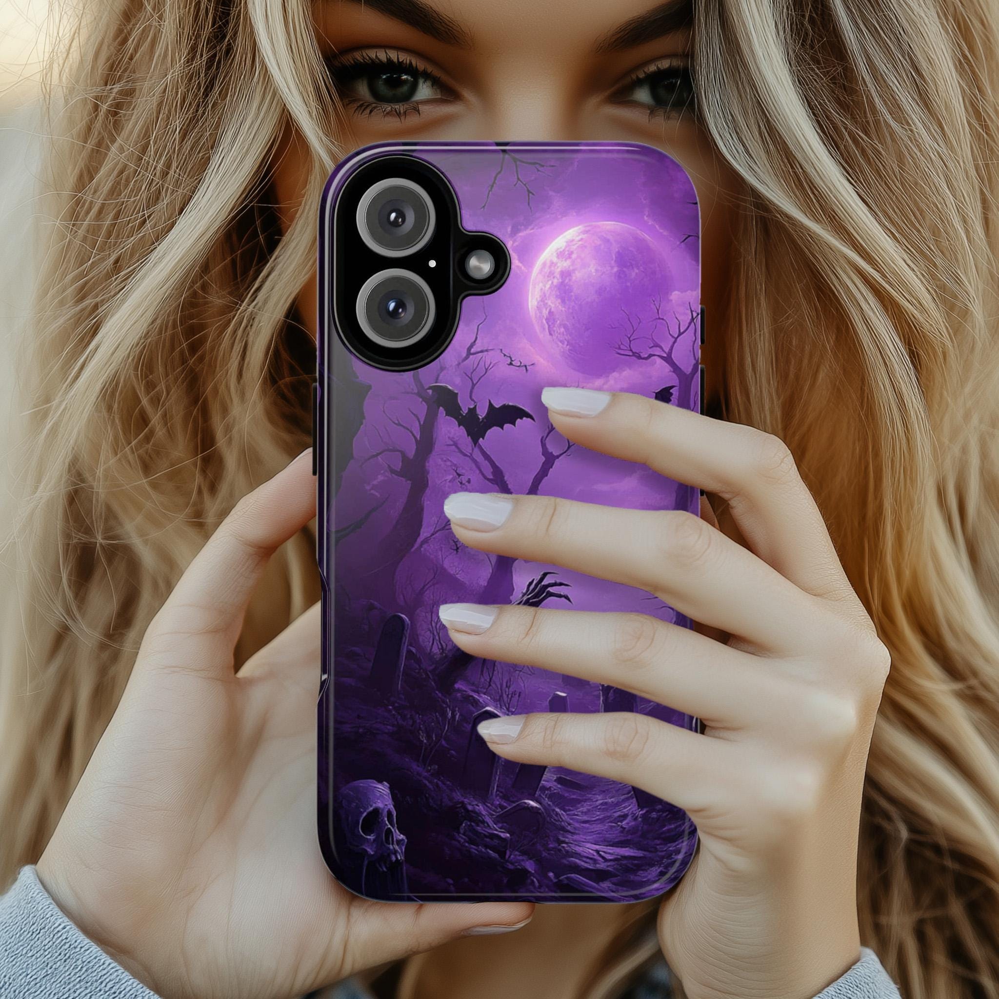 Mystic Halloween Phone Case, Skull & Full Moon Case, Purple Spooky Gothic Cover for iPhone 16 15 14 Tough or Magsafe, Samsung, 475.3
