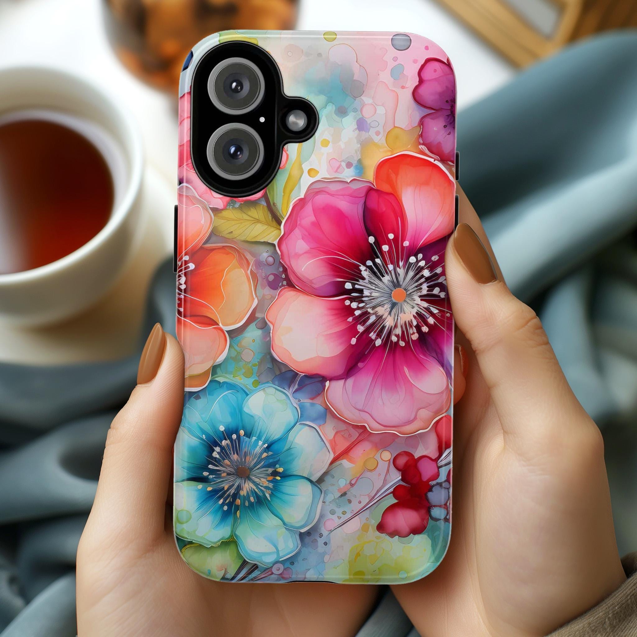 Rainbow Watercolor Floral Phone Case, Colorful Vibrant Alcoholic ink Case, Spring Floral Phone Case for iPhone 16 Magsafe, Samsung S25, 0068