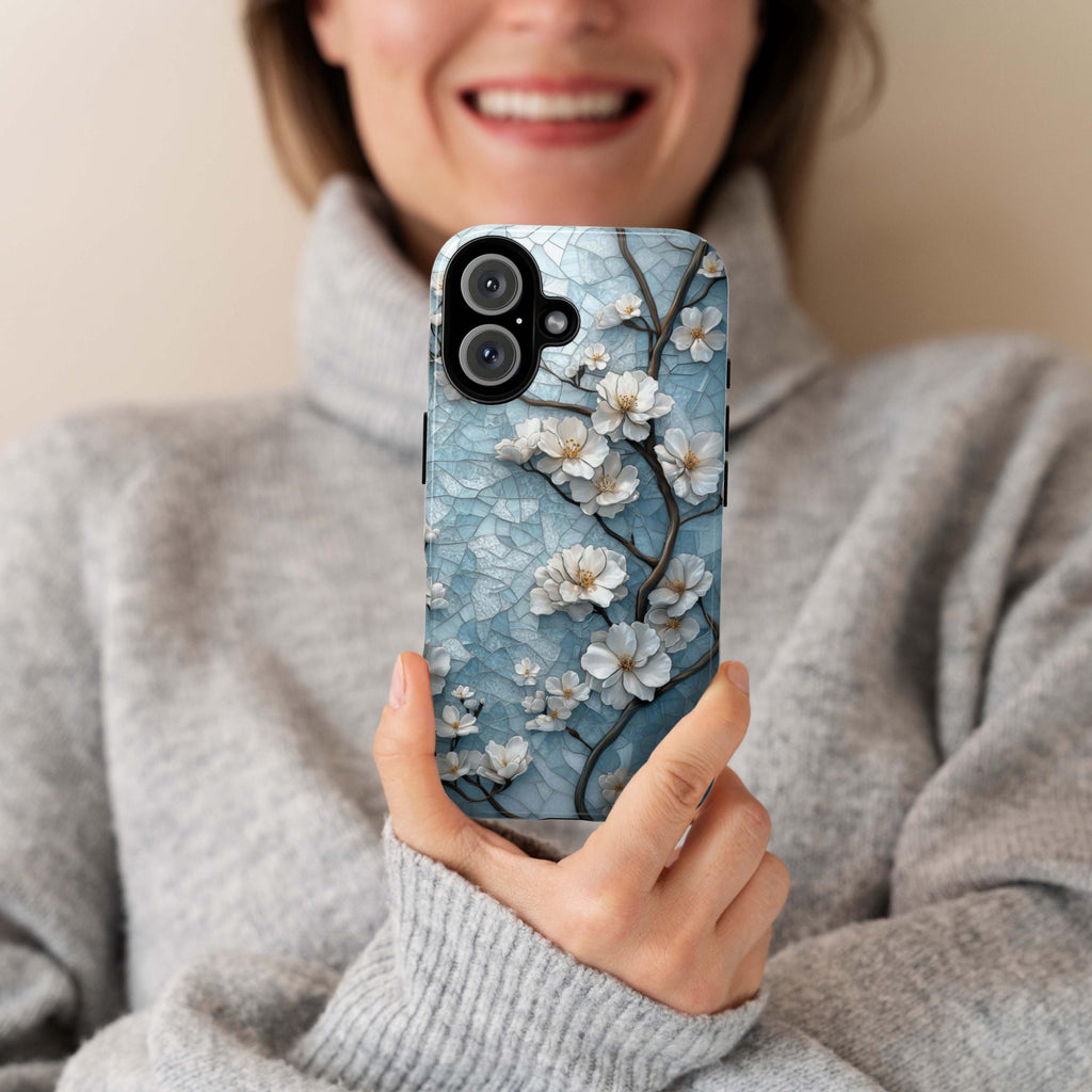 Cozy Cherry Blossom Stained Glass Mosaic Phone Case, Artistic Protective Cover for iPhone 16, 15, 14, 13 Tough or Magsafe, Samsung, 418.26