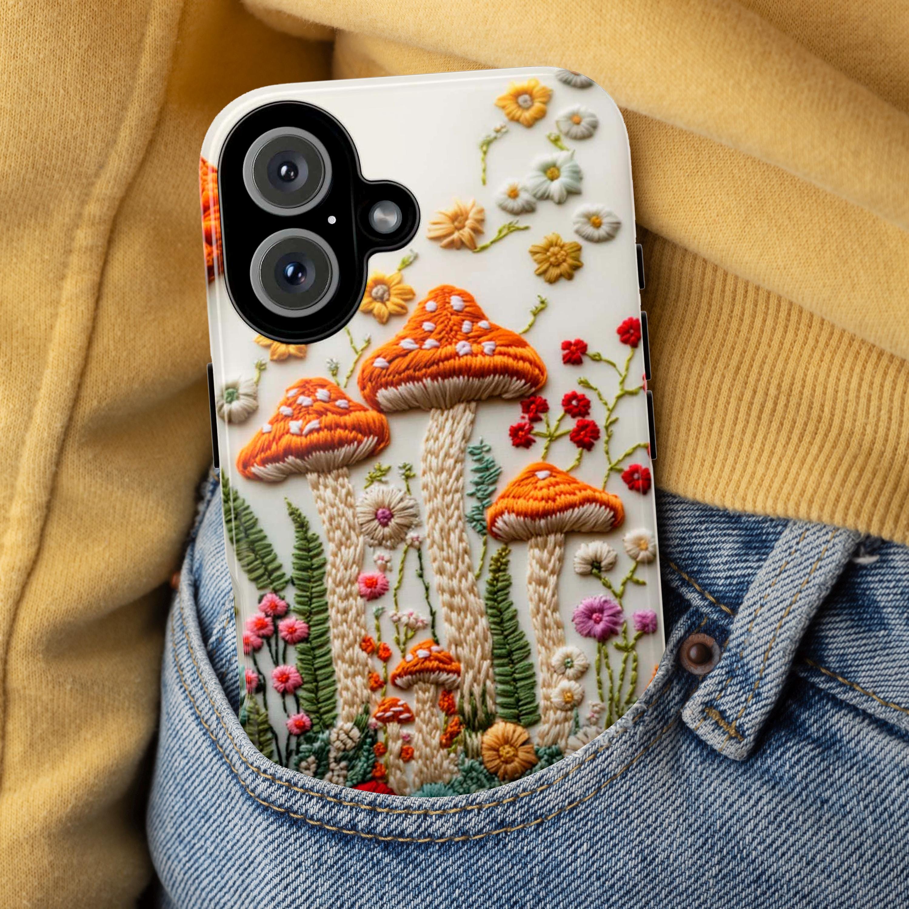 3D Embroidered Style Mushroom & Floral Phone Case, Forest Lover Gift, Woodland Case for iPhone 16 15 14 13 Magsafe, Samsung S25, 452.10