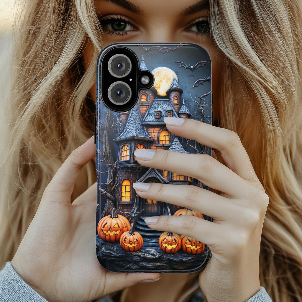 Halloween Haunted House Phone Case, 3D Effect Spooky Design with Pumpkins, Creepy Autumn Cover for iPhone Tough or Magsafe, Samsung, 475.1