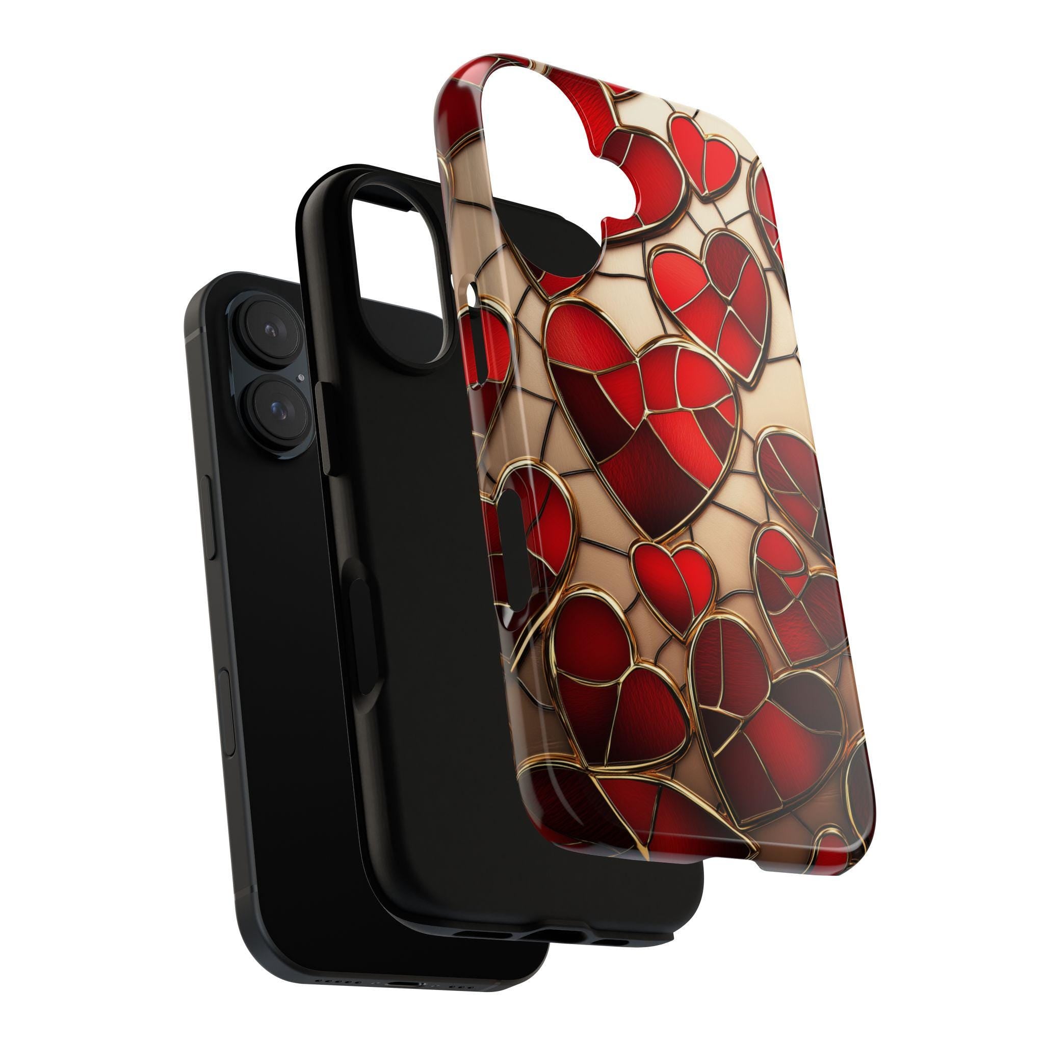 Stained Glass Red Hearts Phone Case - Romantic 3D Design, Perfect for Valentines Day Gift, Artistic Case for iPhone Magsafe, Samsung, 462.1