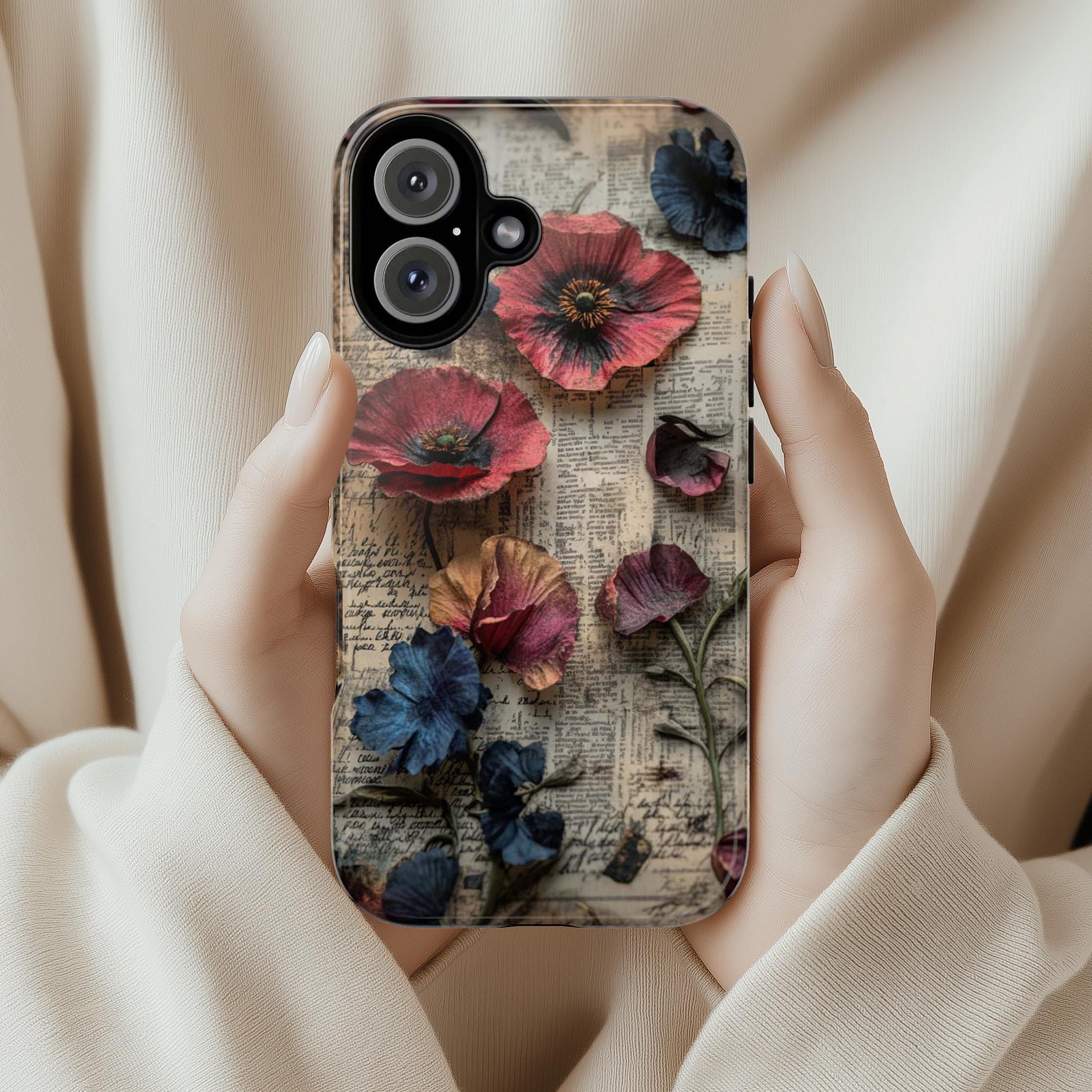 Botanical Floral Phone Case with Rustic Newspaper Design, Romantic Vintage Flower Cover for iPhone 16 15 Tough or Magsafe, Samsung, 476.4