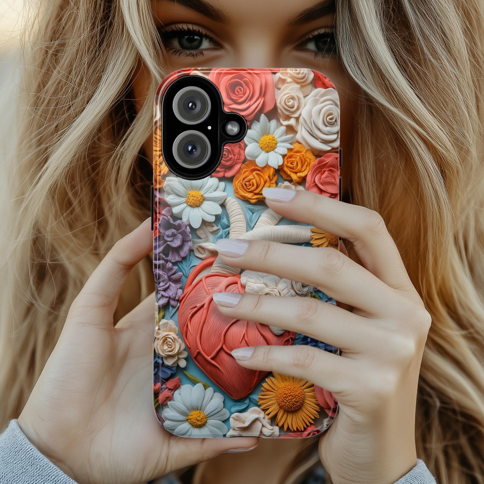 3D Floral Anatomy Heart Phone Case, Anatomical Art Design, Floral Human Cover for iPhone 16 15 14 13 Magsafe or Tough Case, Galaxy, 435.1