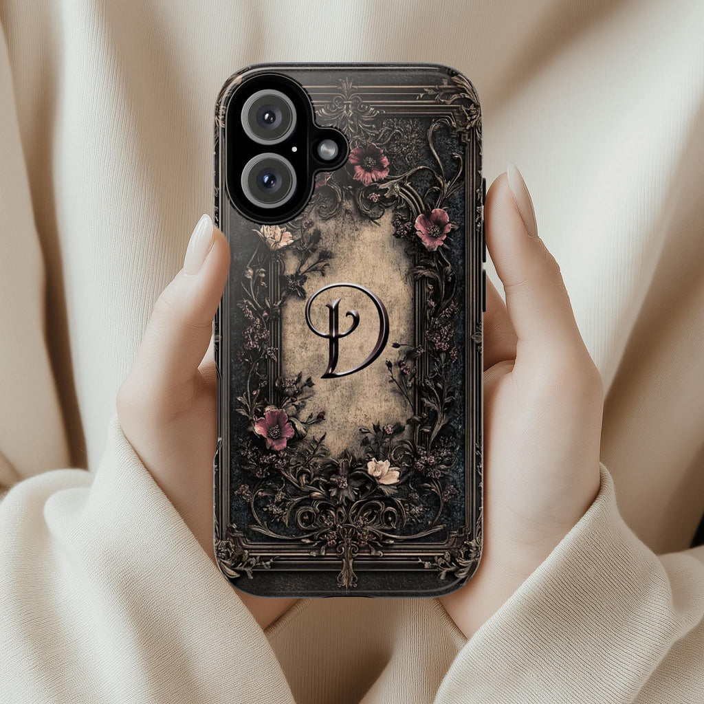 Dark Gothic Floral 3D effect Phone Case, Personalized Monogrammed Cover, Elegant Baroque Flower Design for iPhone 16, Samsung, Pixel, 463.5