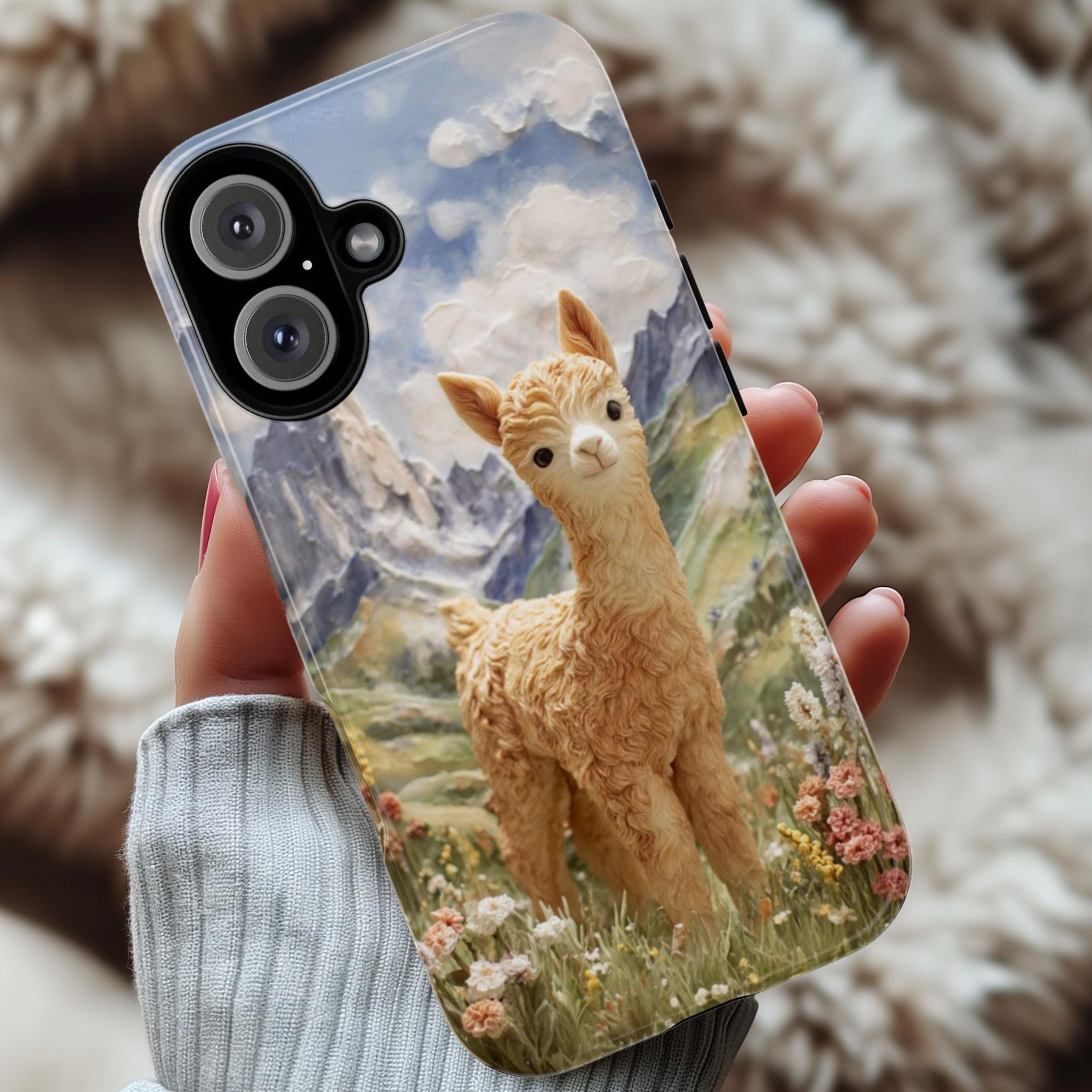 Cute Baby Alpaca Phone Case, Alpaca Lover, Mountain Flowers Scenic Nature Art Cover for iPhone 17 16 15 Tough or Magsafe, Samsung, 440.12