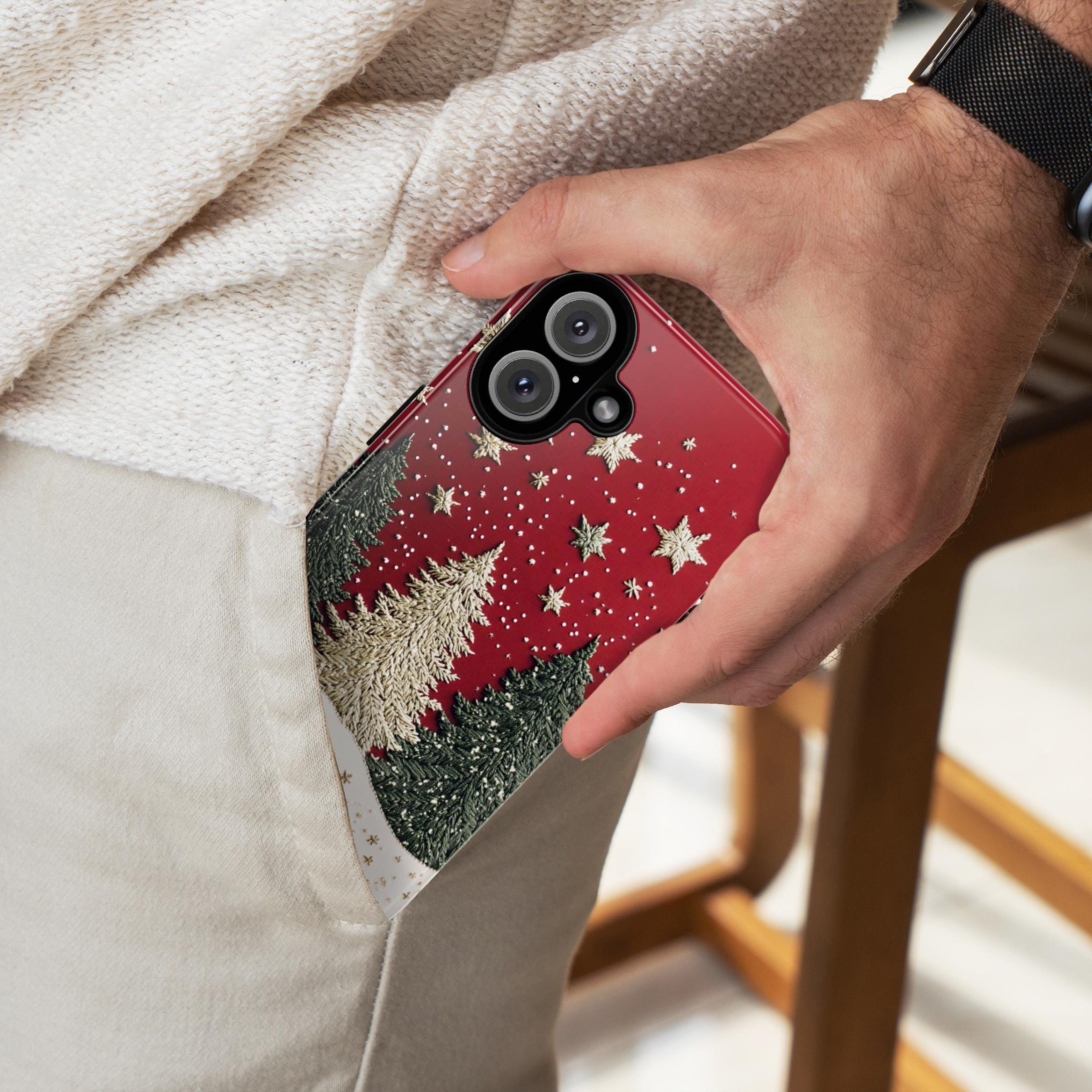 Christmas Tree & Star 3D Winter Phone Case, Embroidered Festive Holiday Phone Cover for iPhone 16 15 14 13 Magsafe Plus, Samsung S24, 444.1