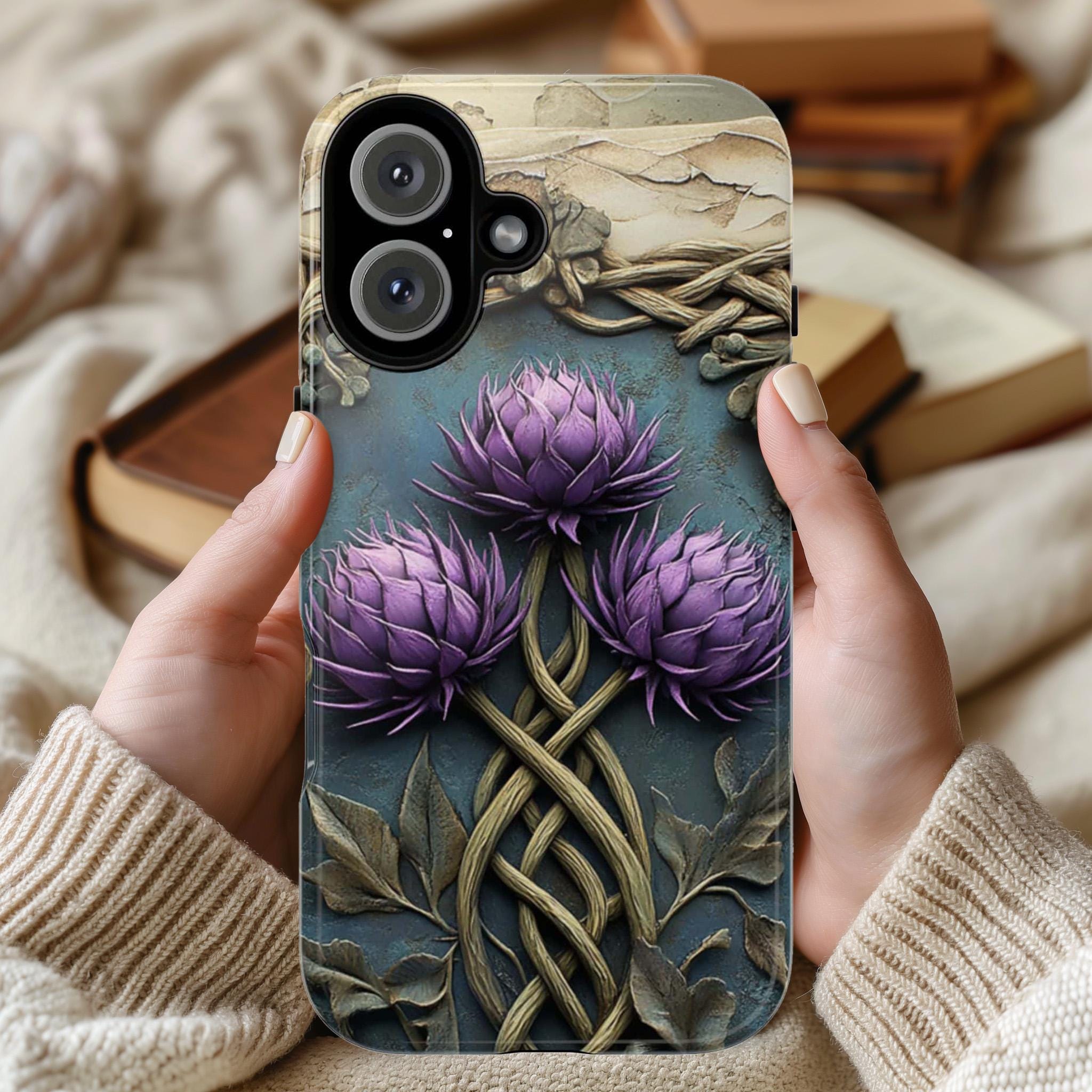 Celtic Thistle Phone Case, Rustic 3D Style Purple Flower Design, Nature Celtic Cover for iPhone 16 15 Tough or Magsafe, Samsung S25, 439.48