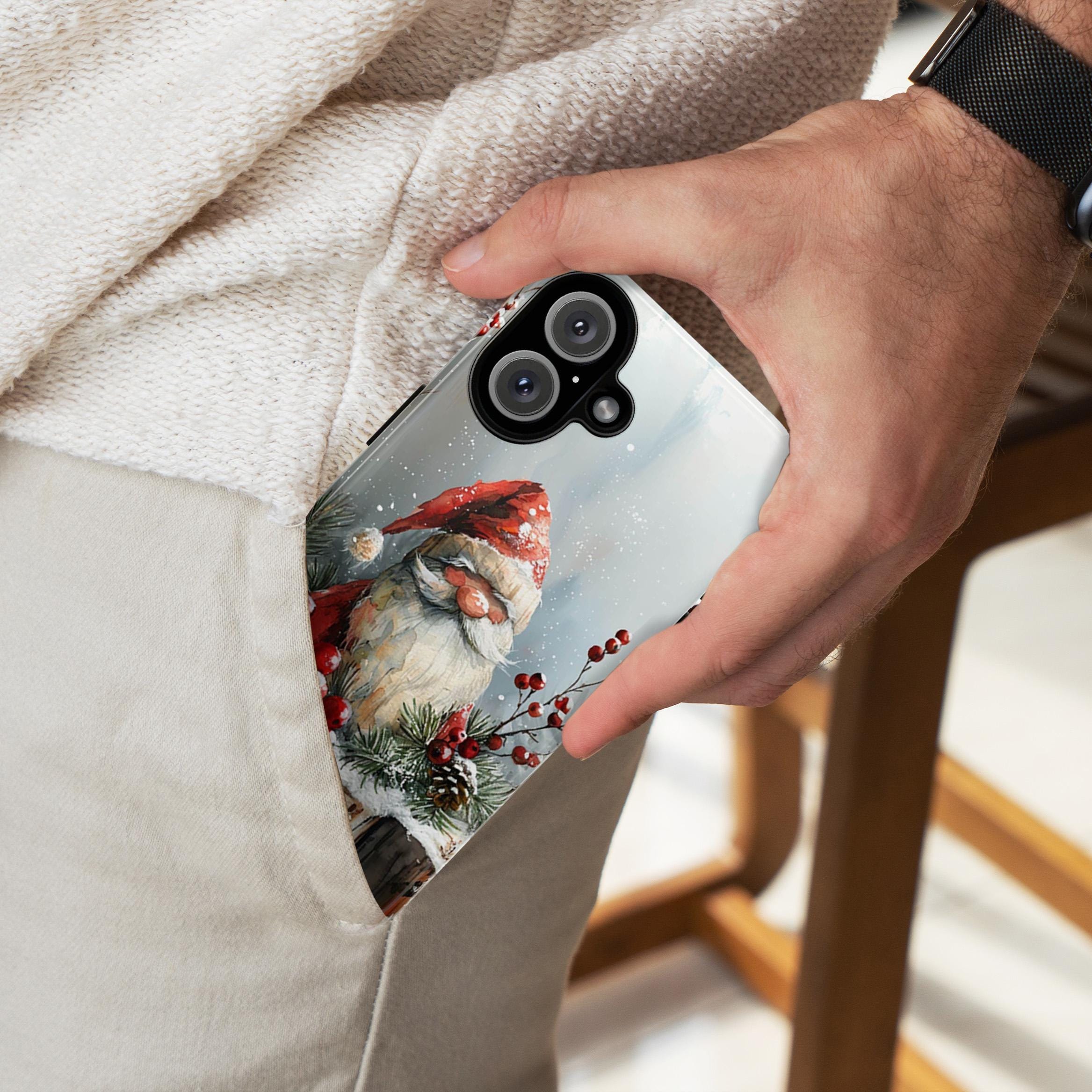 Cozy Watercolor Xmas Holiday Gnome Phone Case, Christmas Gnome & Snowy Winter Forest for iPhone 15 14 13 12 Pro Max Plus, Galaxy S25, 427.9