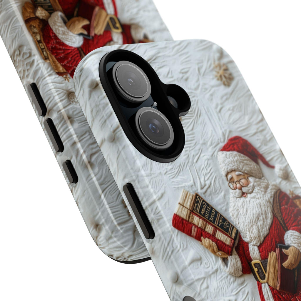 Holiday Santa & Books 3D Embroidered effect Phone Case, Winter Festive Design for iPhone 16 15 14 13 Magsafe Plus, Samsung S24, 444.7
