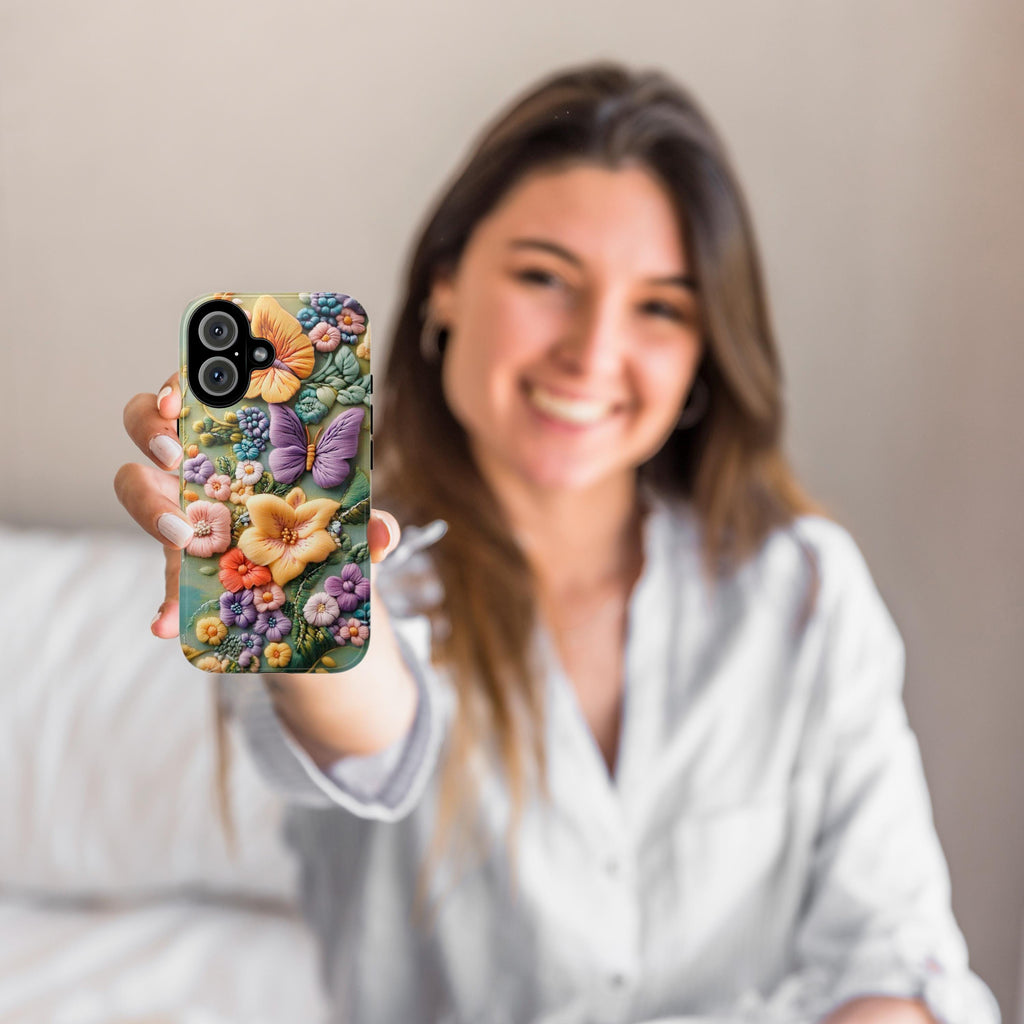 3D Embroidered effect Floral Phone Case, Botanical Flower & Butterfly Art Case for Nature Lovers iPhone Tough or Magsafe, Samsung, 452.12