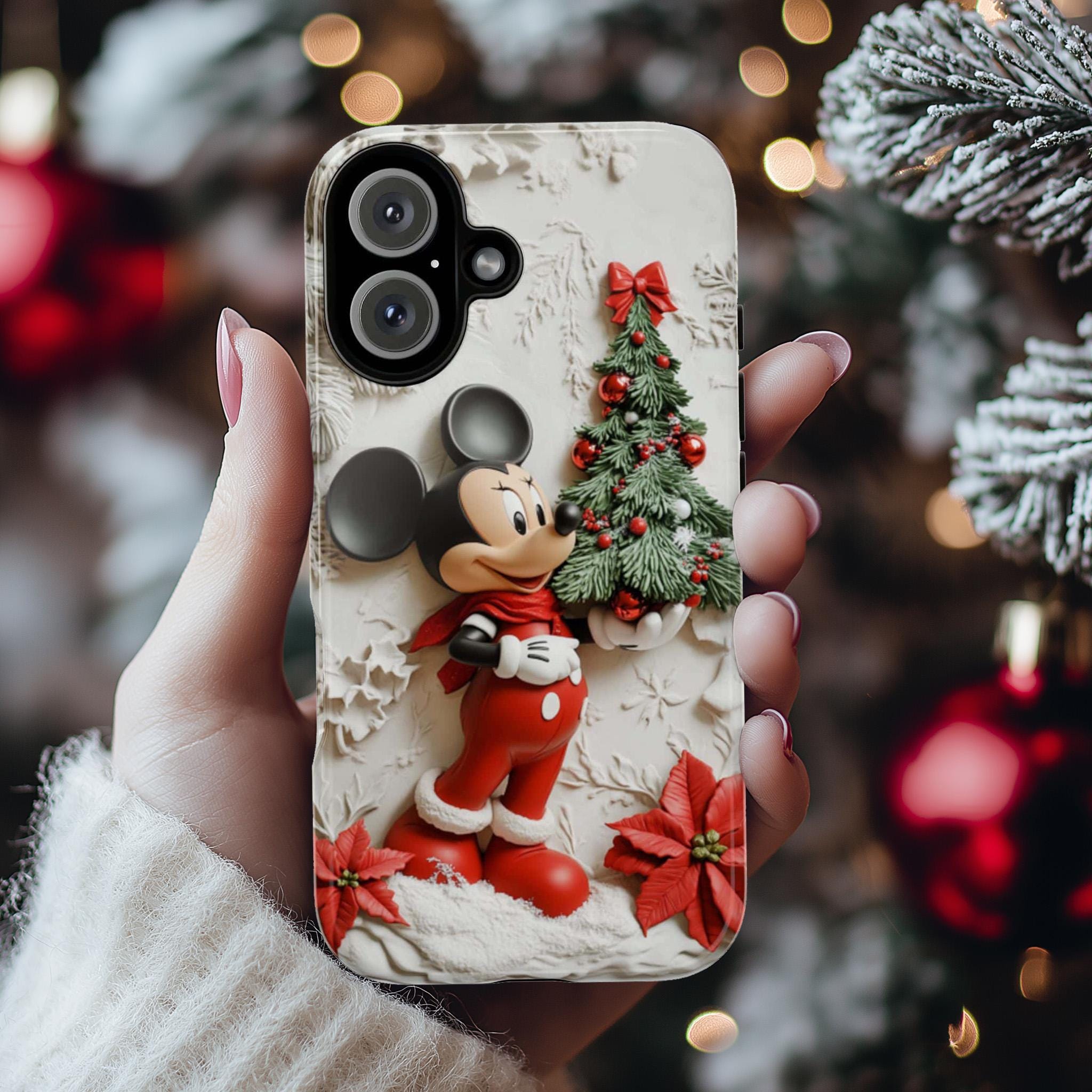 Santa Mickey Mouse 3D effect Phone Case, Cartoon Xmas Design, Mickey Christmas Tree Phone Case for iPhone 16 15 Magsafe, Samsung S24, 442.11