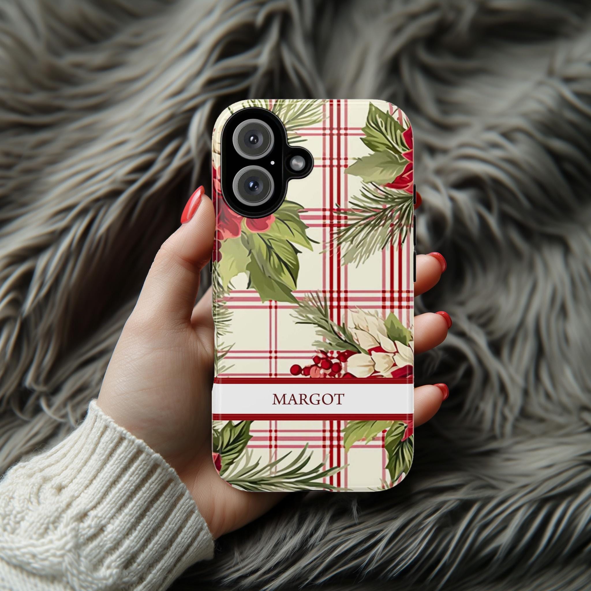 Personalized iPhone Case Holiday Holly Phone Case, Custom Xmas Phone Cover for iPhone 15 14 13 12 11 XR Pro Max Plus/Samsung Galaxy, 106.3