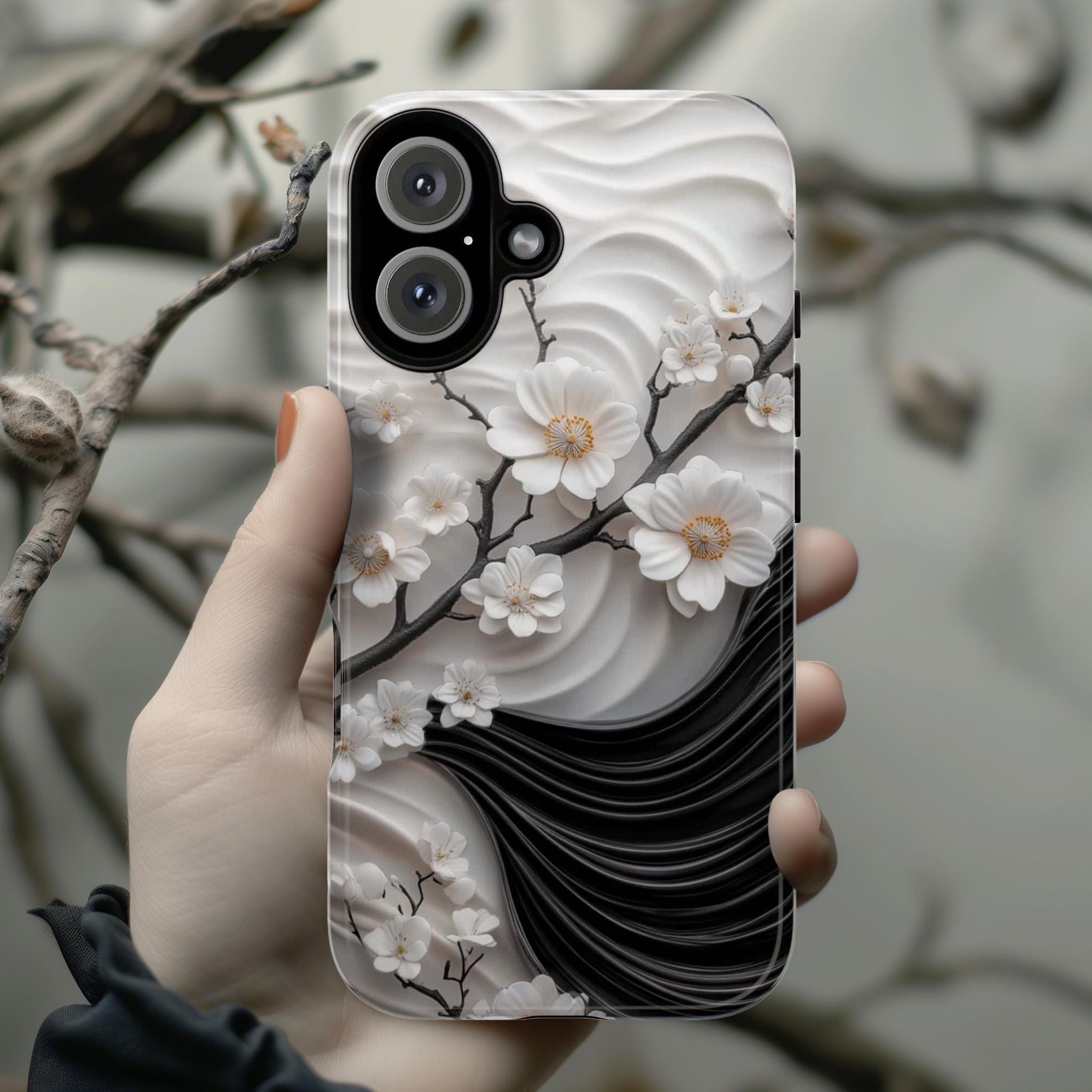 Cherry Blossom 3D Elegant Phone Case, Black White Japanese Art Cover, Floral Sakura Case for iPhone 16 15 14 13, Samsung S25, 469.1