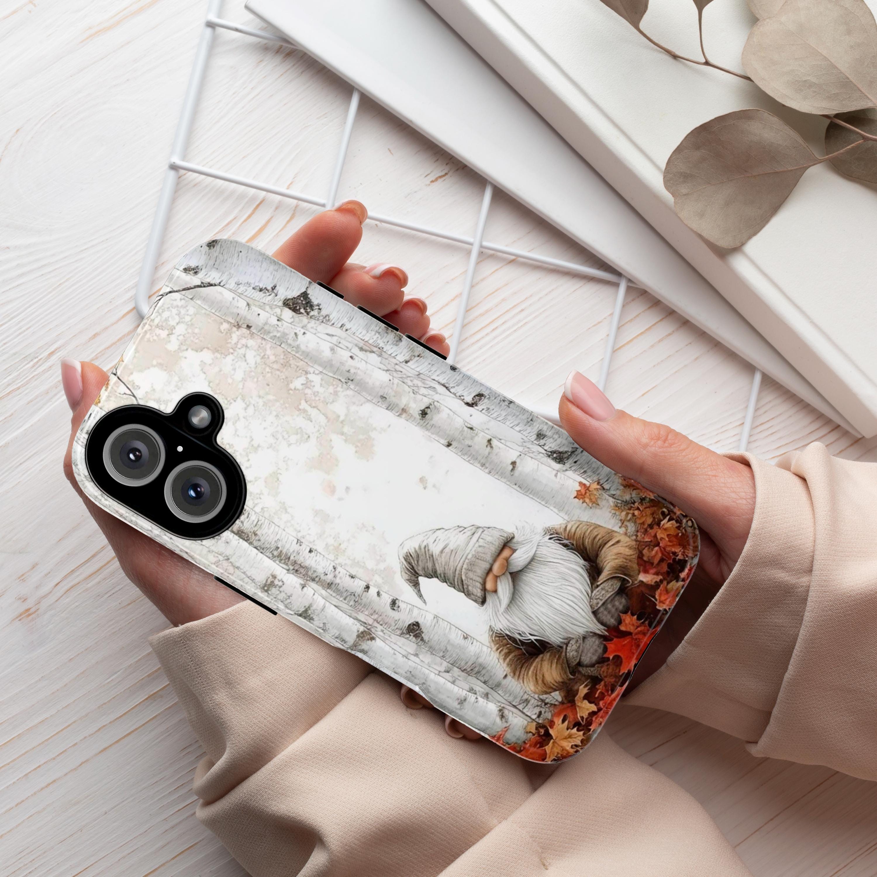 Cozy Festive Holiday Gnome Phone Case, Christmas Gnome & Holly Design for iPhone 15 14 13 12 Pro Max Plus / Samsung S23 S22, 427.3