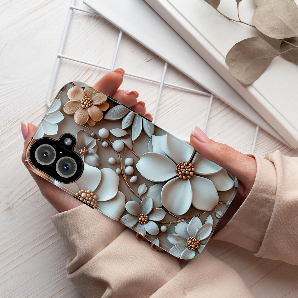 Pastel 3D Floral Art Phone Case, Beige Bloom 3D Design, Floral Garden Case for iPhone 16 15 14 13 Pro Max Plus Magsafe, Samsung S24, 439.4